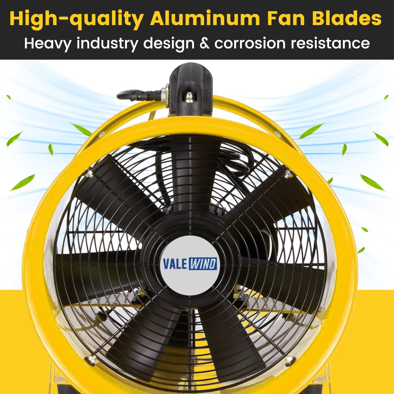 Valewind Heavy Duty Air Mover Portable Ventilation Fan 8Inch, 230W Exhaust Fan with 16.4ft Flexible Duct, 3500RPM Overheat Protection Cylinder Axial Fan, Industrial Portable Air Blower/Exhaust, Yellow