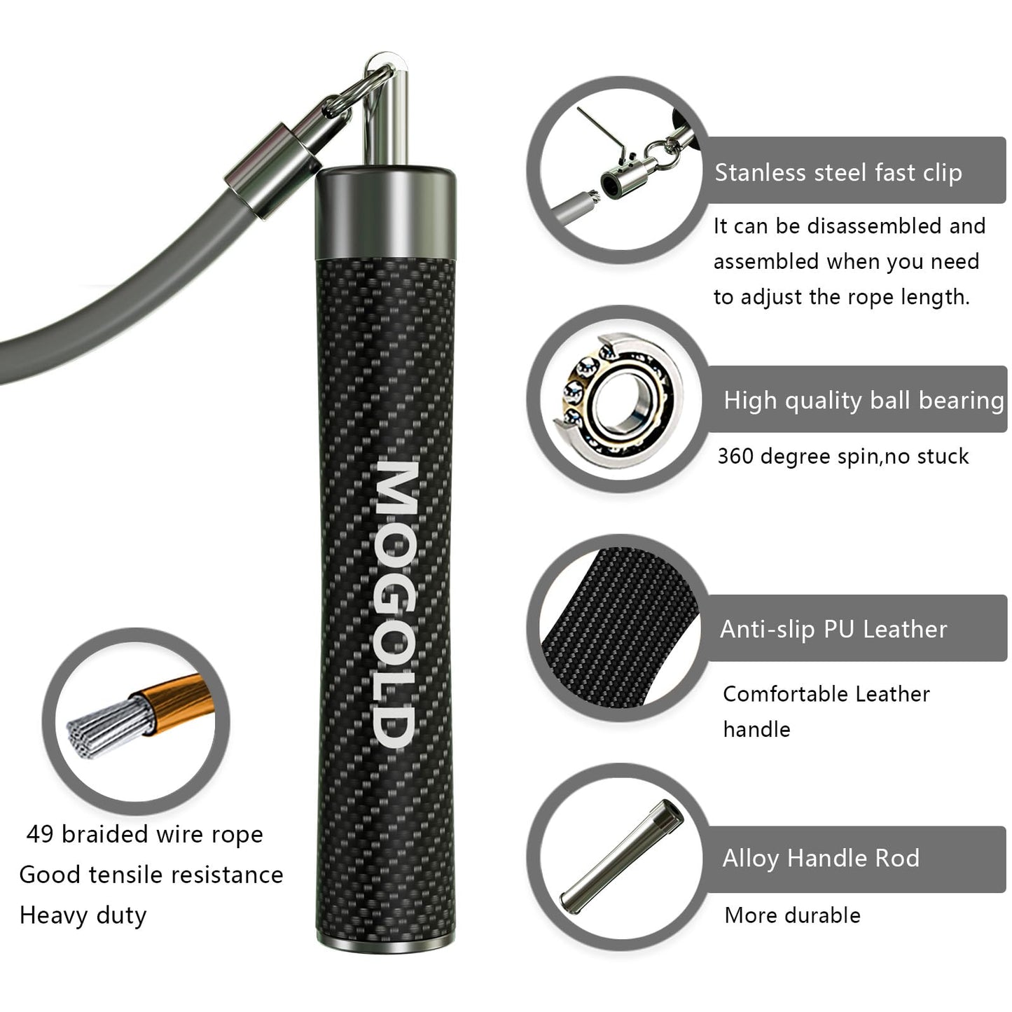 MOGOLD 1LB Weighted Jump Ropes for Fitness Men/Women with Heavy-Duty PVC Wire Cable & Durable Leather Skipping Rope Handles, Best for Fitness, High-Intensity Strength Workouts (Grey, XL - 9'6(User Height 6'0 +))