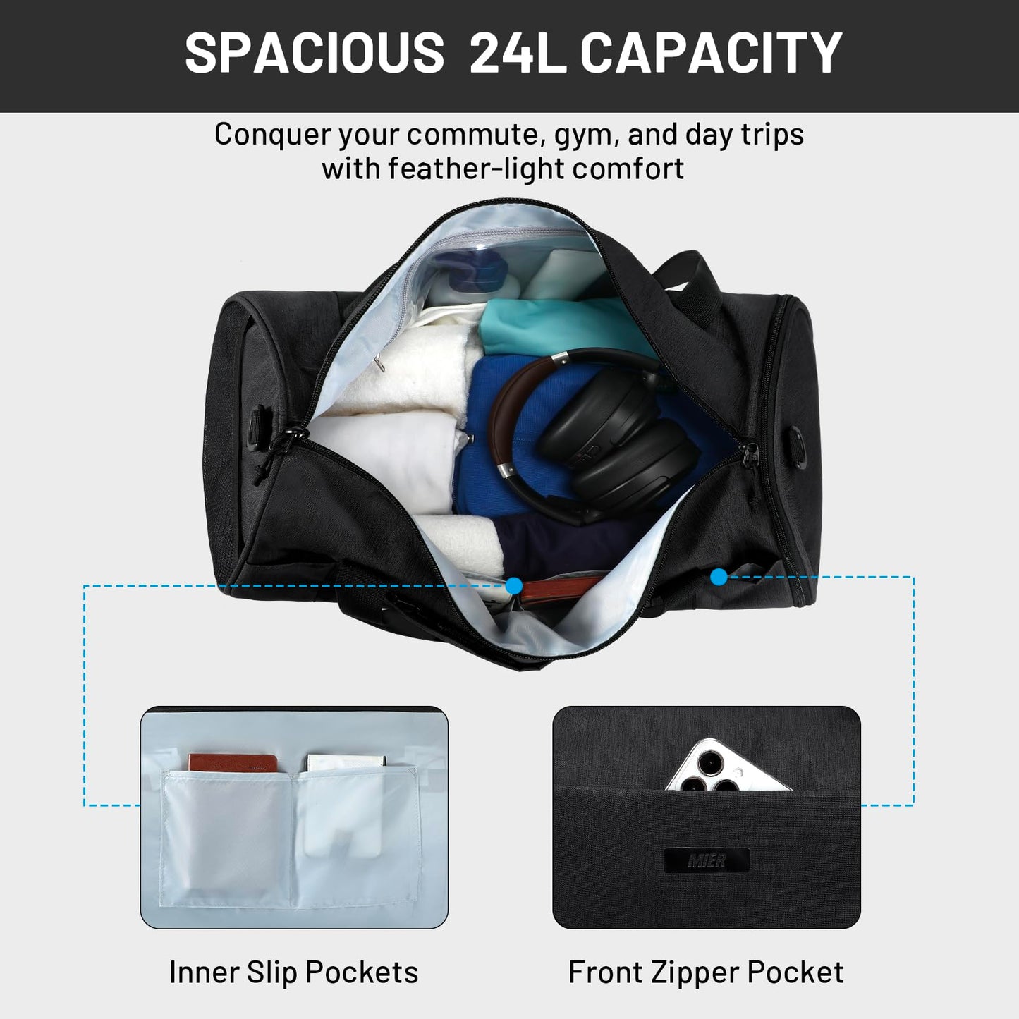 MIER Gym Bag Round Duffle Bag with Shoe Compartment & Wet Pocket, Lightweight Carry on Duffel for Men Women Workout Fitness Travel Sports, 24L, Black