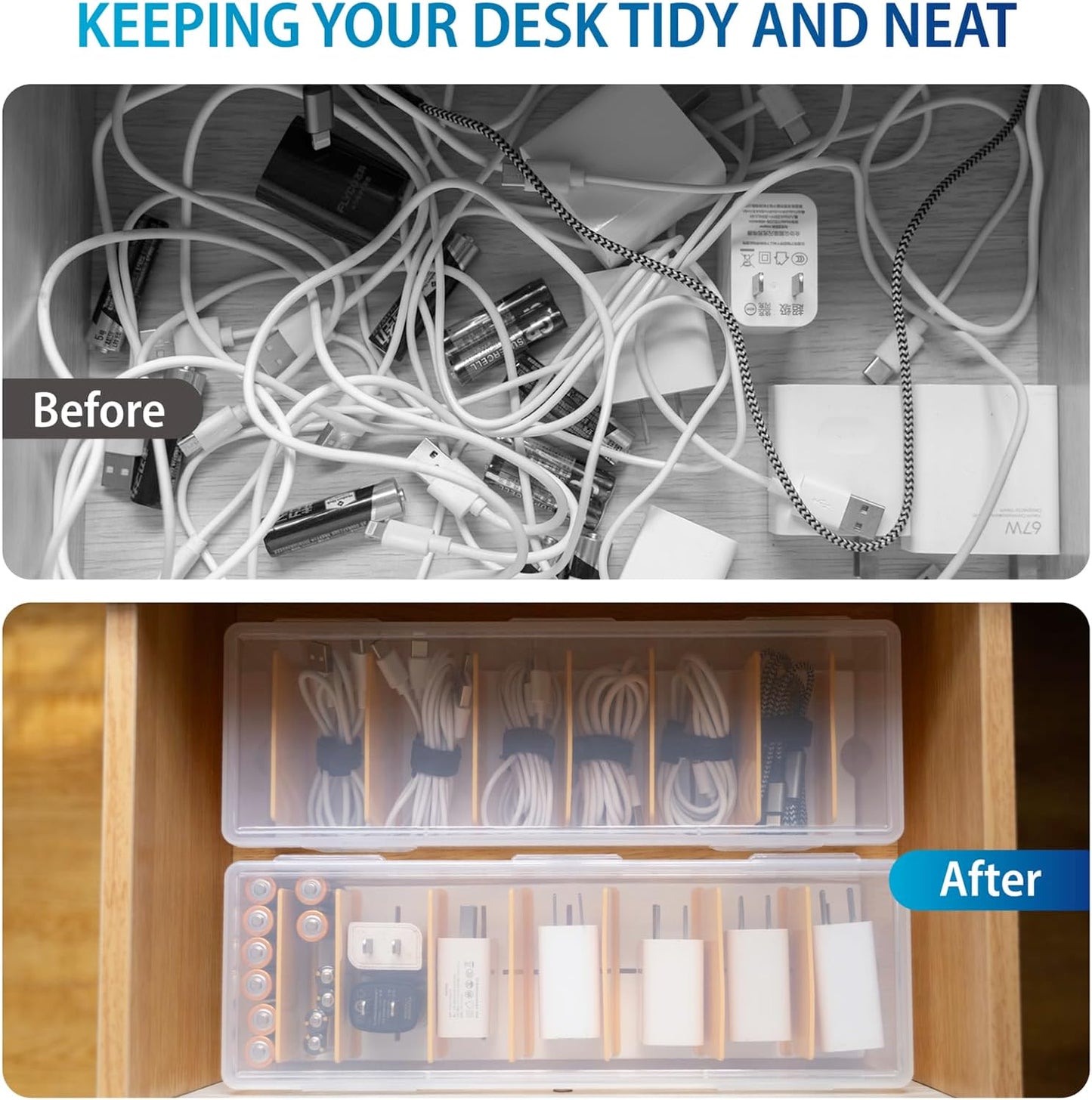2 Pack 16 Cable Organizer Storage Box with Cable Ties, Clear Phone Charger Organizer Case Wire Organizers for Cords