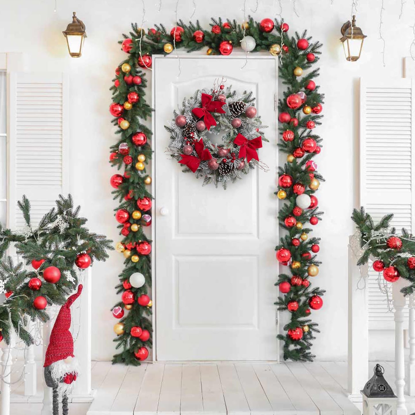 24" Prelit Christmas Wreath with Lights, Battery Operated Xmas Garland with Decorations, Wreath for Front Door Porch Wall Window Fireplace Outdoor Home Holiday Accent