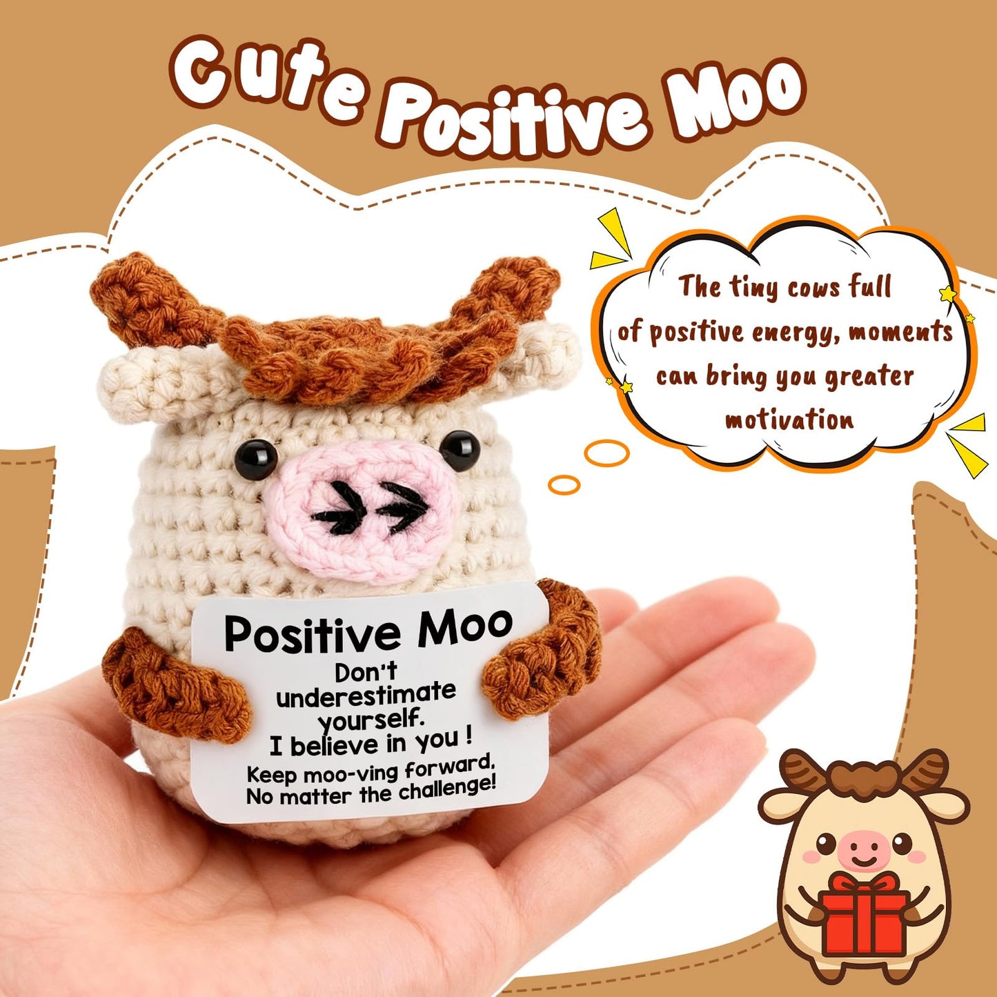 YUEYUQIU Positive Moo Easter Basket Essentials Stuffers for Teens Boy Girl Daughter Son, Easter Gifts for Kids Teenage - Handmade Crochet Cow Emotional Cheer Up Support Birthday Gift for Women Men