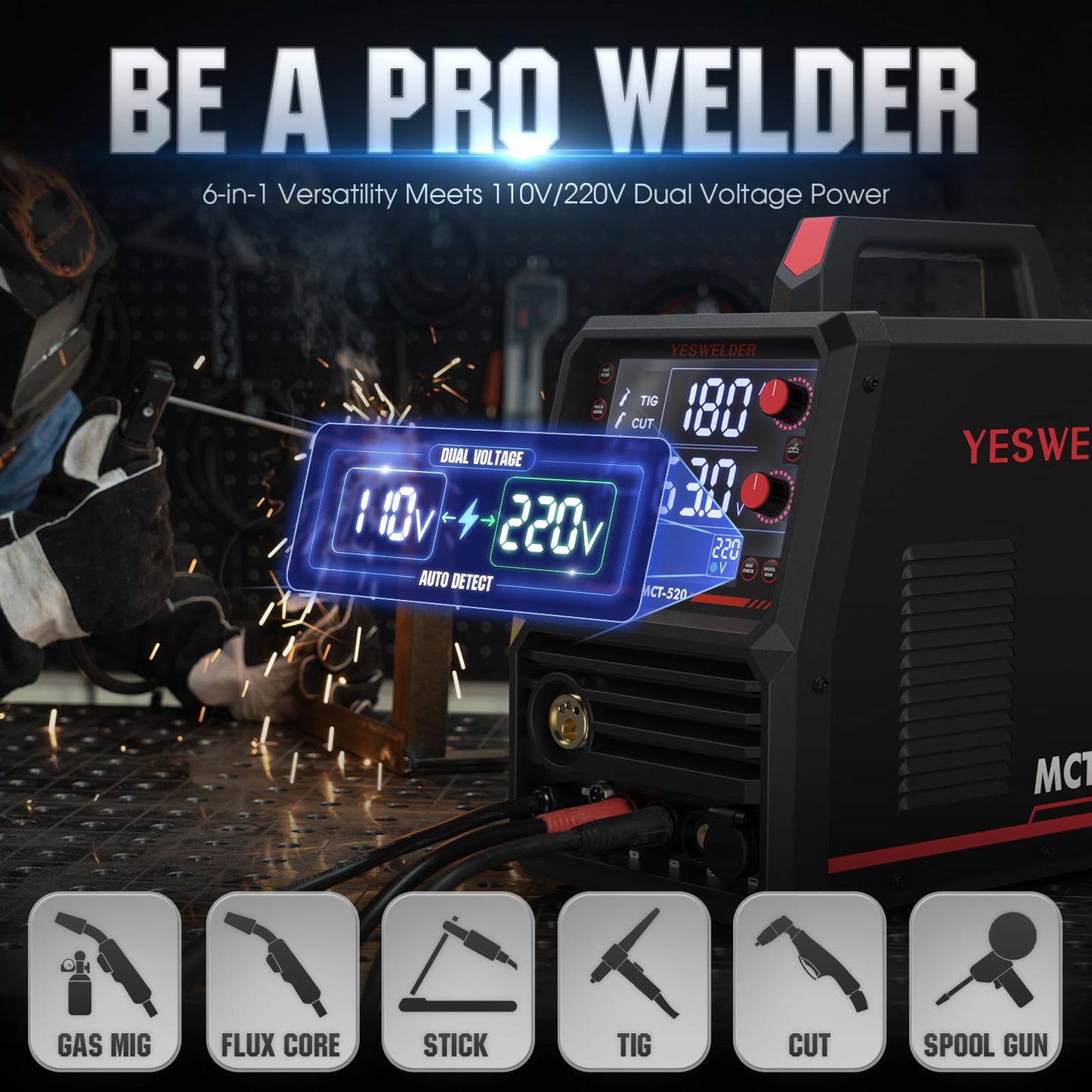 YESWELDER 6-In-1 Multifunctional Welders Combo&Plasma Cutter, MIG/Flux Core MIG/CUT/TIG/Stick/Spool Gun Compatible, 200A MIG/TIG/Stick & 50A CUT, 110V/220V MCT-520
