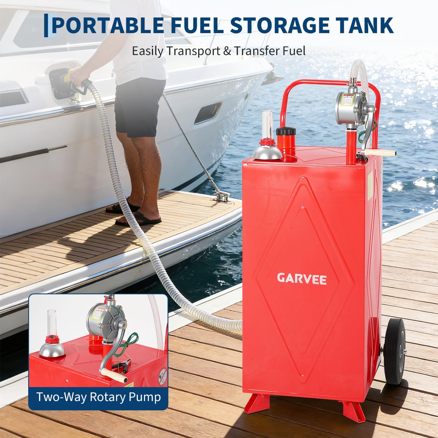 35 Gallon Fuel Gas Caddy Storage Tank, Portable Gas Caddy with Wheels, Manual Rotary Transfer Pump, Fuel Hose, Wide Fill Opening, Vent and Level Gauge, Mobile Gasoline Diesel Transfer Tank for ATV, Mower, Tractor, Car, Boat
