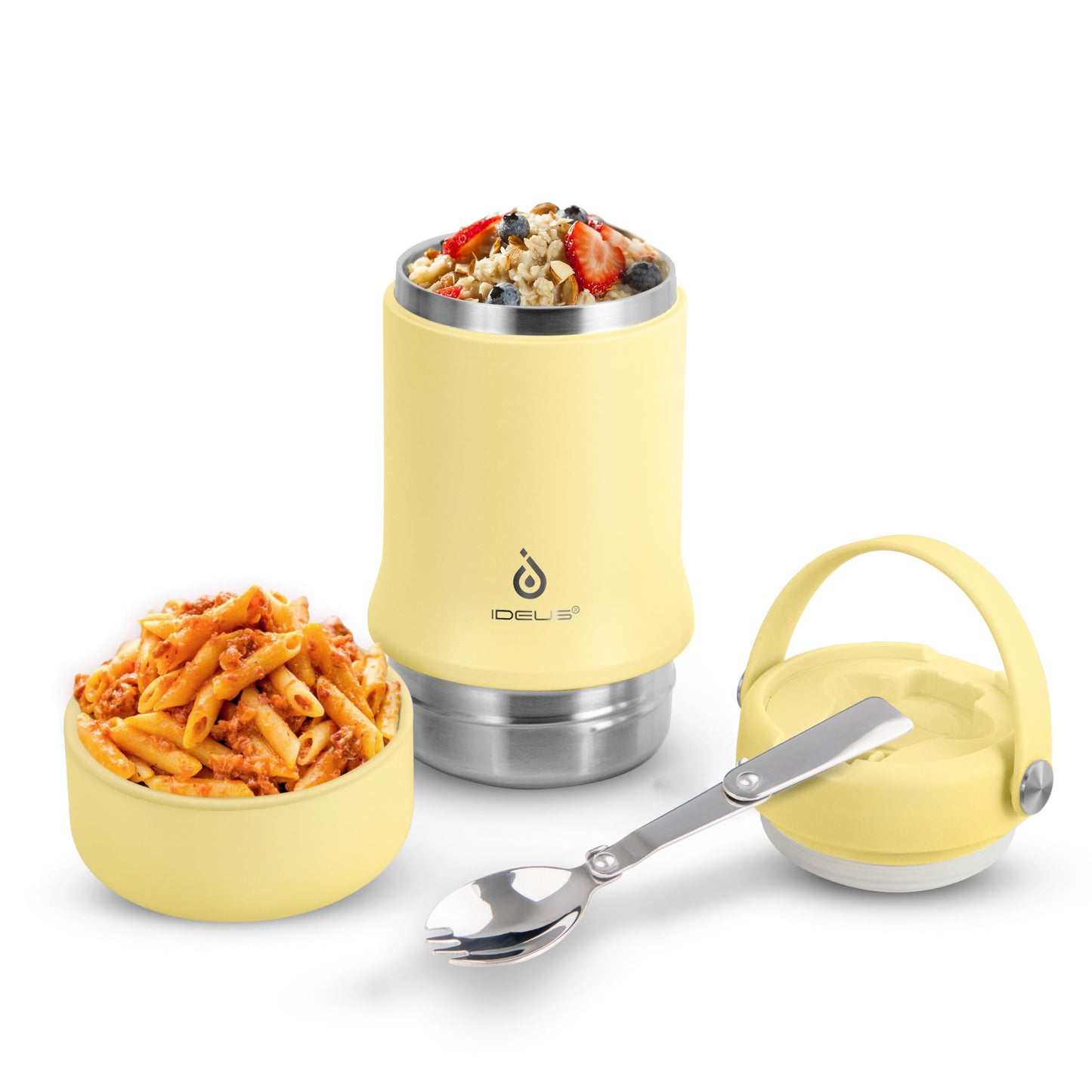 Ideus Soup Thermo with Foldable Spoon and Bowl 20oz, All-in-one Insulated Bento Lunchbox Stainless Steel Leakproof Portable Soup Container Vacuum Thermal Food Jar for Lunch (Light Yellow)