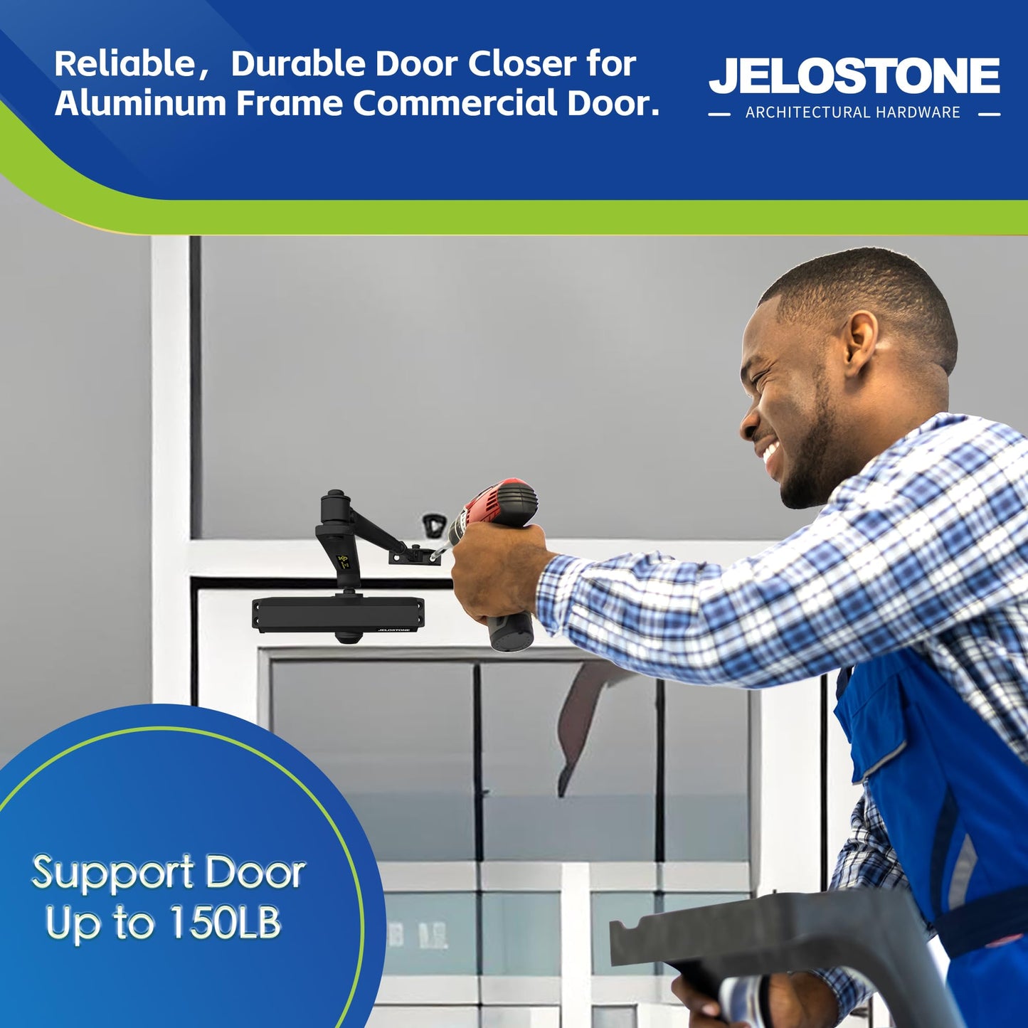 JELOSTONE Medium Duty Commercial Door Closer D700, 3 Valves Closing/Latching/Backcheck, UL 3 Hour Fire Rated, Fixed Size #3 Spring Power, Door (55-150LB/33-36 in), Indoor/Outdoor (Matte Black)