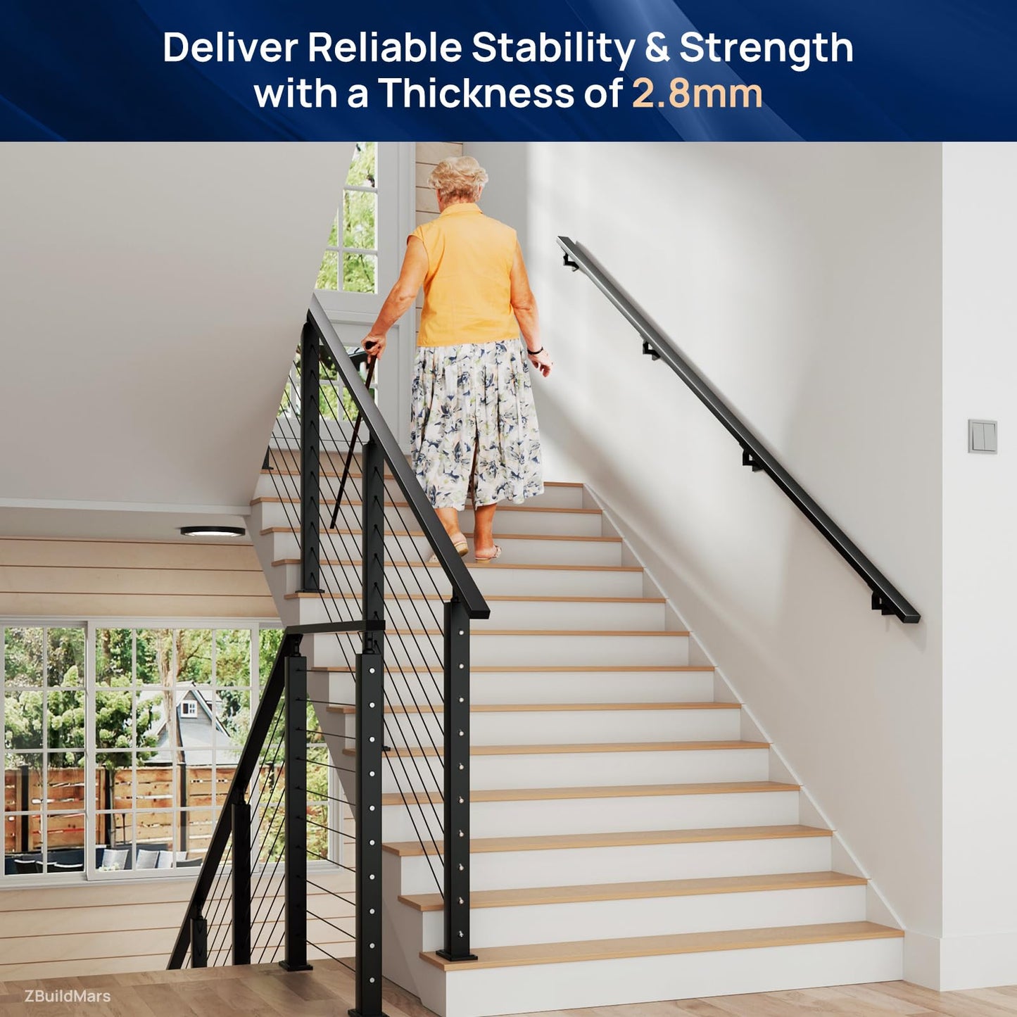 4 Pack 10FTx 2"x1" Aluminum Black Handrail with Self Drilling Screws Nylon End Caps, AAMA 2604 Coating, 2.8mm Thick Flat Handrail Cuttable Top Rail for Deck Stair Railing Indoor Outdoor