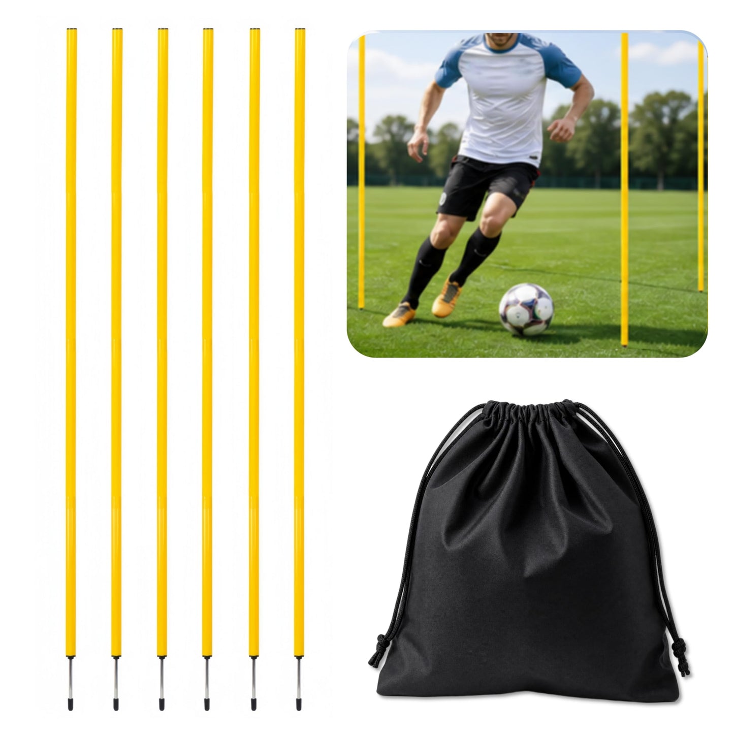 6 Pcs Soccer Agility Poles for Training, 5 FT Adjustable Speed and Agility Training Equipment for Football/Basketball/Horse/Dog Practice, Soccer Sticks with Steel Ground Nails Outdoors (Yellow)