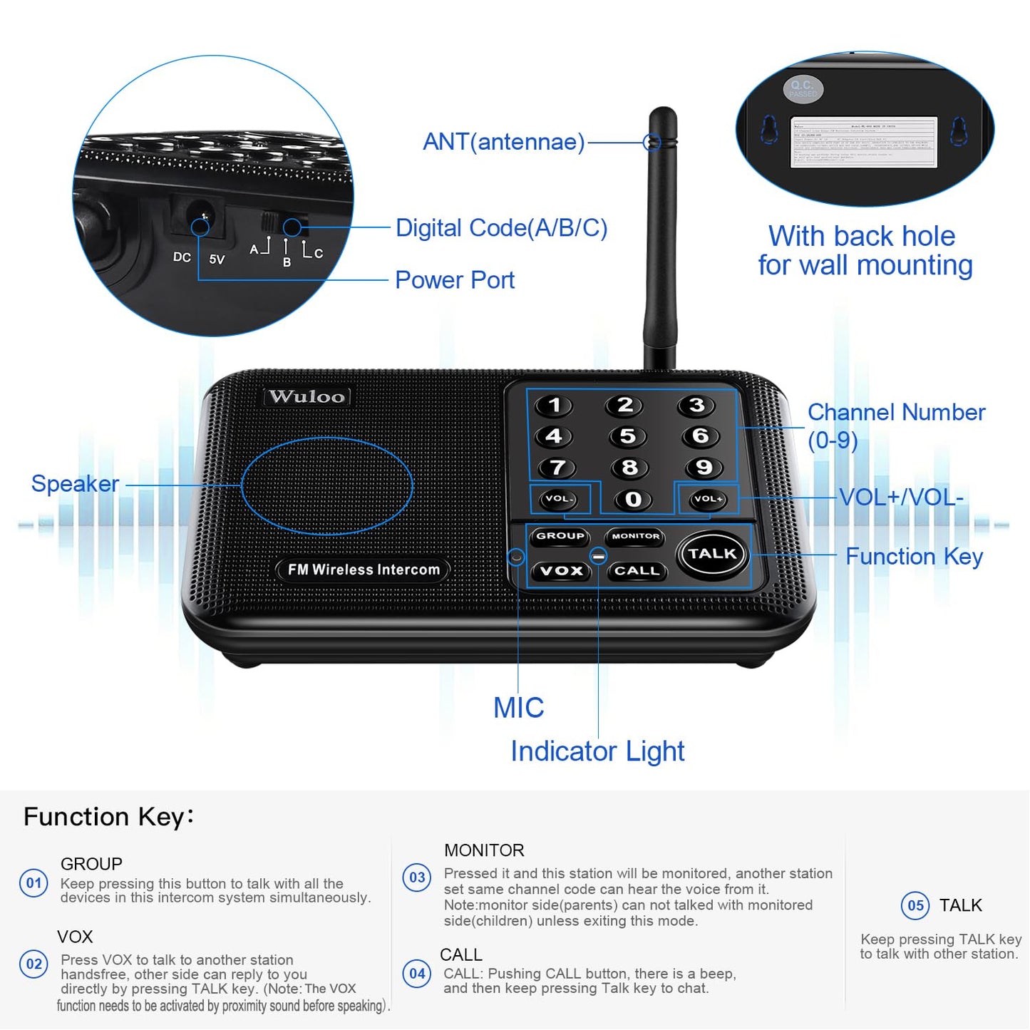 Wuloo Intercoms Wireless for Home 5280 Feet Range 10 Channel 3 Code, Wireless Intercom System for Home House Business Office, Room to Room Intercom, Home Communication System (6 Packs, Black)