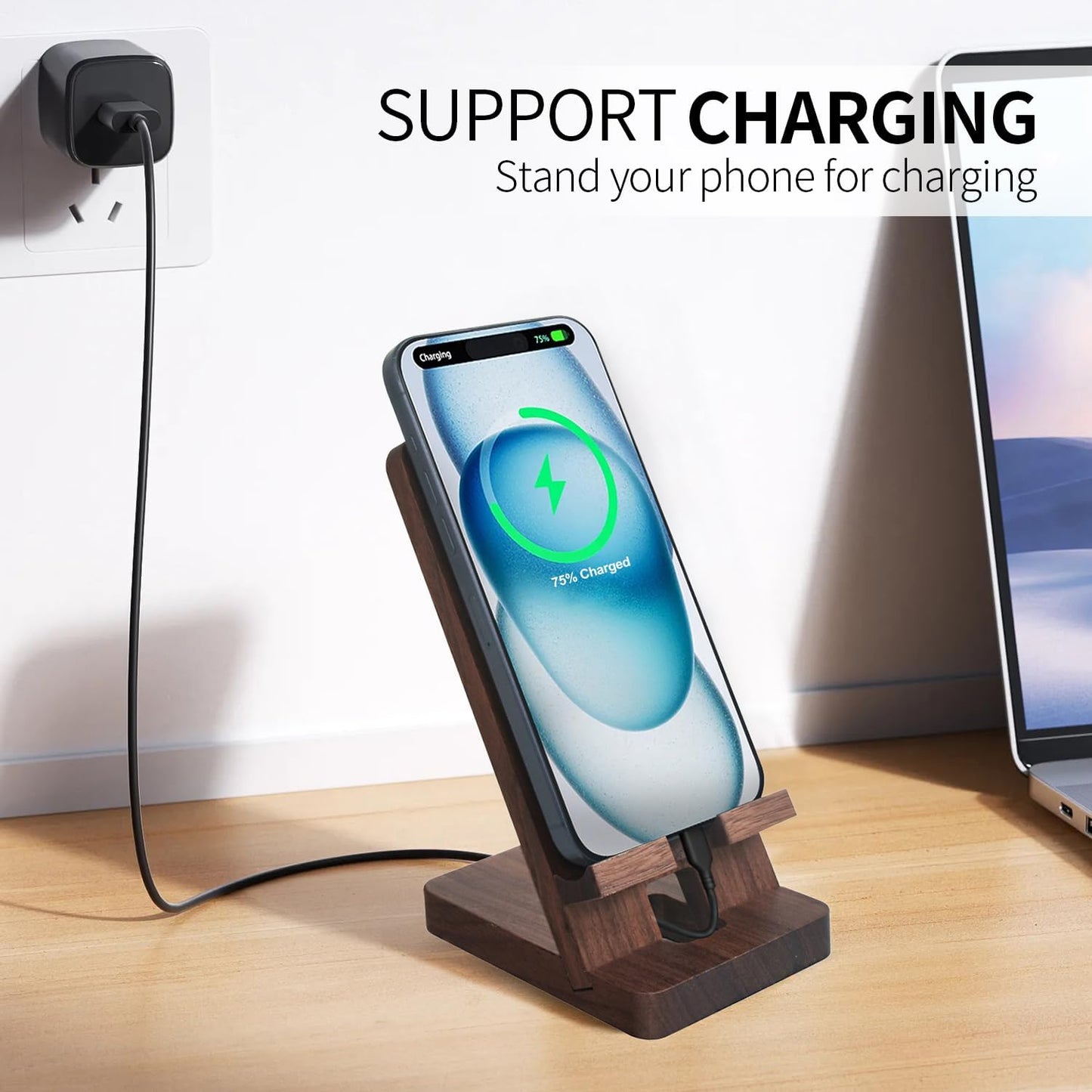 Abbolinxus Wood Phone Stand with Mirror, Desktop Wooden Phone Holder, Portable Office Phone Stand for Desk, Wood ipad