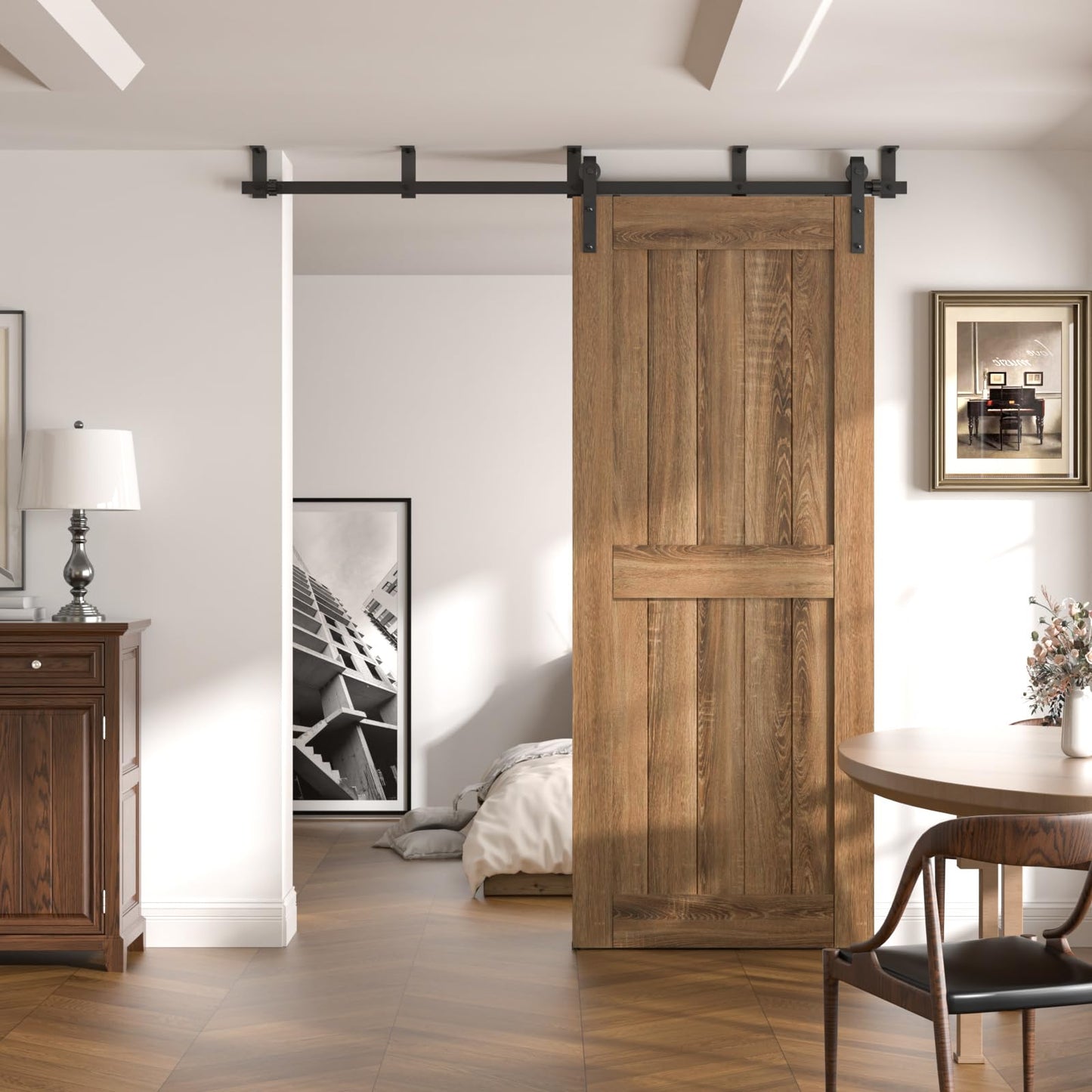CCJH 7FT Ceiling Mount Bracket Sliding Barn Door Hardware Kit Black,Strong Bearing, Low Ceiling L-Shape Bracket System, Fit 42" Wide Single Door Panel (Basic Style)