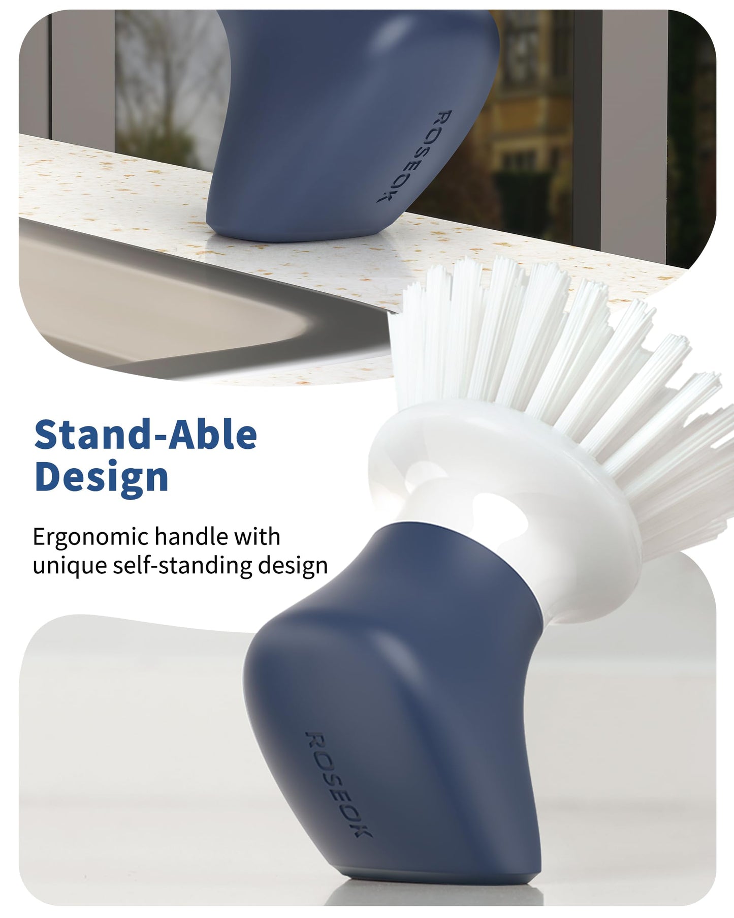 ROSEOK Dish Scrub Brush,Self-Standing Palm Brush with Ergonomic Grip for Cleaning Dishes,Non-Stick Pans and Sinks,Navy Blue,2 Pack