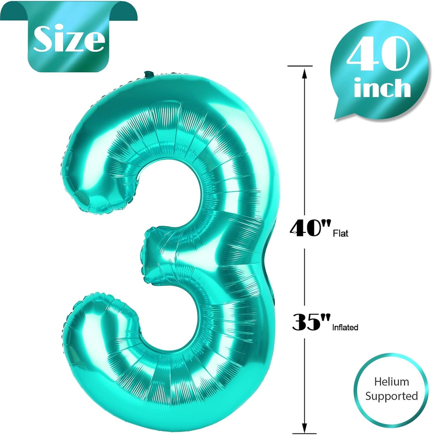 Teal Blue Number 3 Balloon - 40 Inch Birthday Decoration for Kids & Women Parties