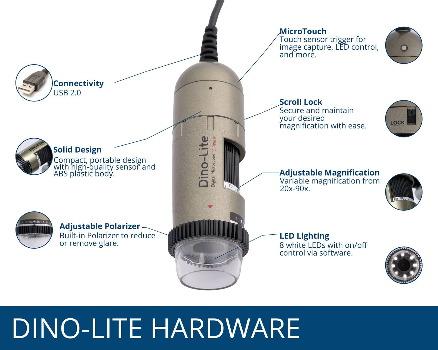 Dino-Lite USB Digital Microscope AM4113ZTL - 1.3MP, 20x - 90x Optical Magnification, Measurement, Polarized Light, Long Working Distance, Windows/Mac Software Included