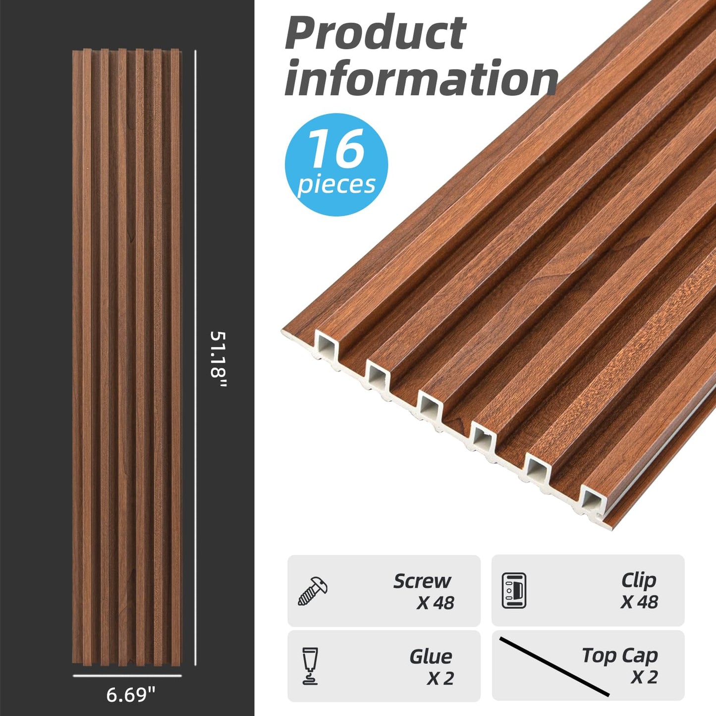 AMZDEPOT 16 Pack WPC Wainscoting Panels, 3D Wall Panels for Interior Wall Decor, Living Room, Bedroom, 51.18 x 6.69 Inch Fluted Textured Wood Slats, Teak