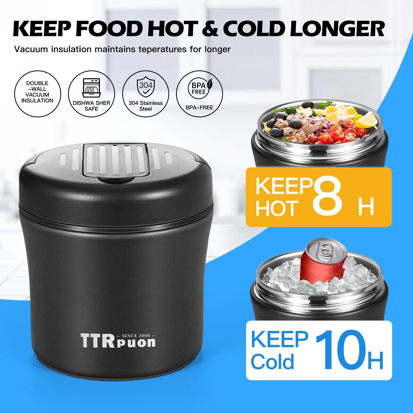 Insulated Food Container Soup Thermo for Hot Cold Food Adults 40 OZ, Stainless Steel lunch box, Wide Mouth Thermo Jar with Folding Spoon and Handle (BLACK)
