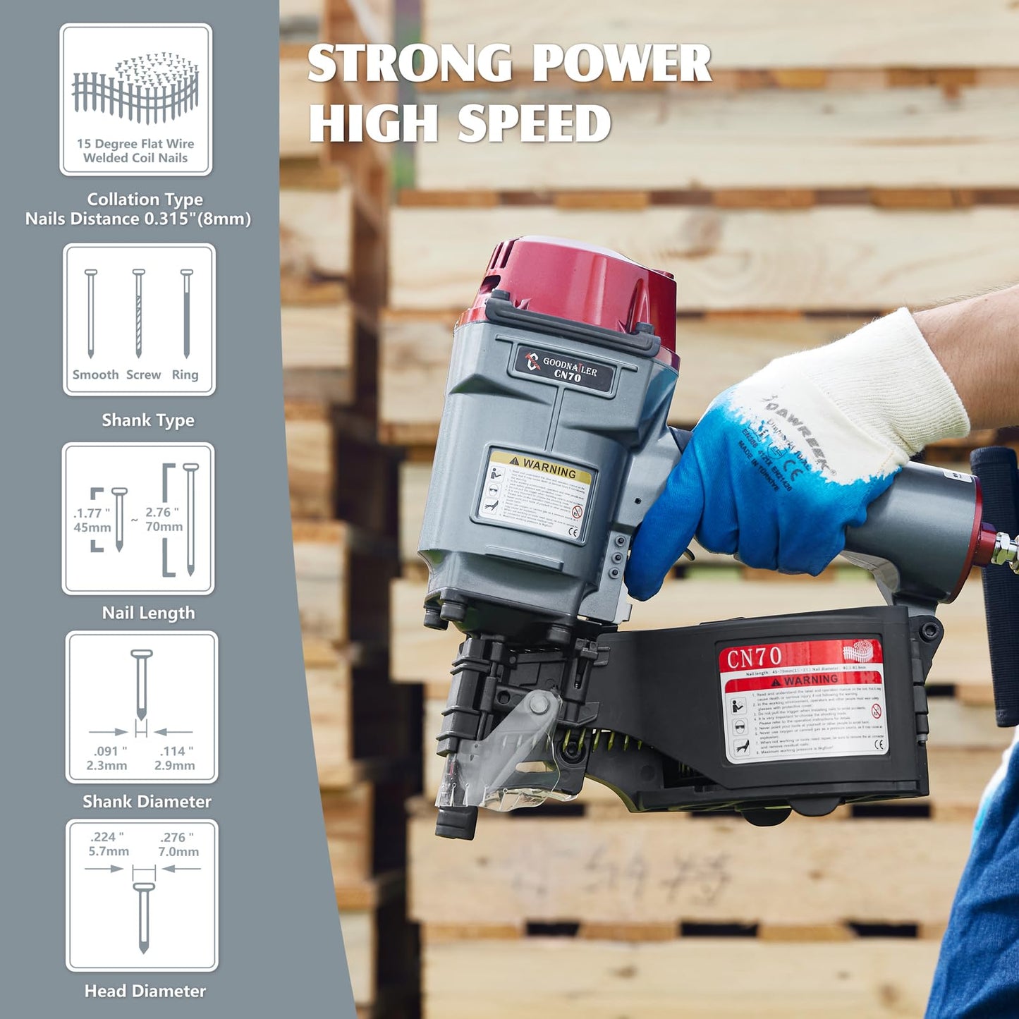 Goodnailer CN70 Air Coil Nailer 15 Degree 1-3/4-Inch to 2-3/4-Inch Siding Nailer Fast Shooting For Wooden Pallet Packing Wood Fencing