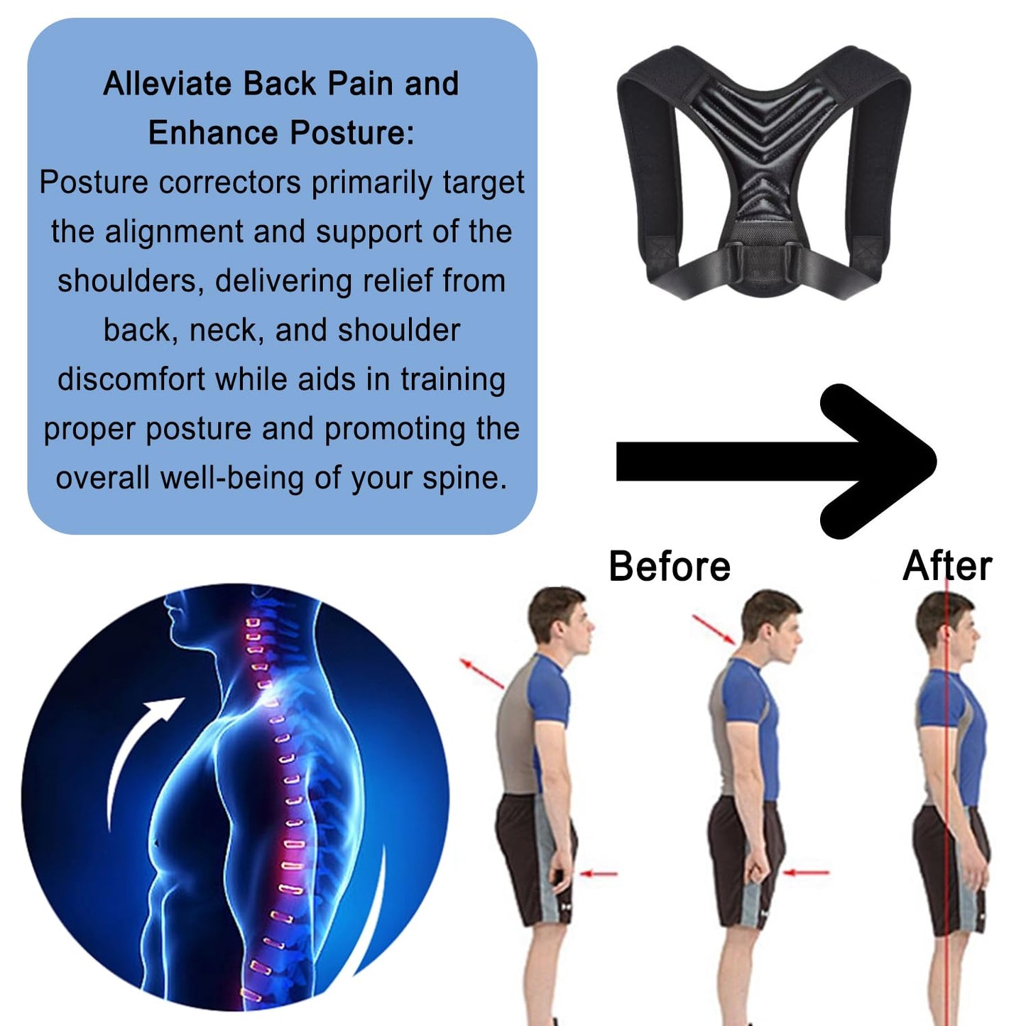 Posture Corrector, Back Brace for Women and Men, Adjustable Back Support, Shoulder Straightener for Improving Hunchback, Providing Pain Relief from Neck, Shoulder, and Upper Back - Black