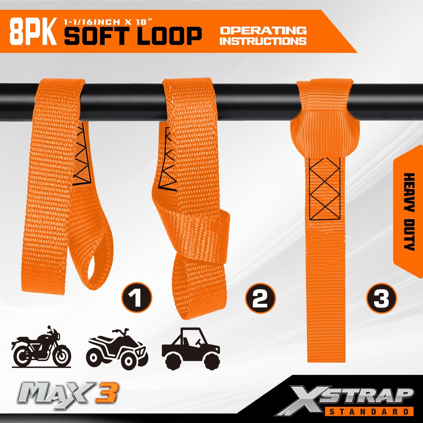 XSTRAP STANDARD Soft Loop Tie-Down Straps 8PK 1-1/16 x 18 inches - 3600LB Breaking Strength, Loops for Securing Trailering of Bikes, ATV, UTV, Motorcycles, Scooters, Dirt Bikes, Lawn Equipment, Orange