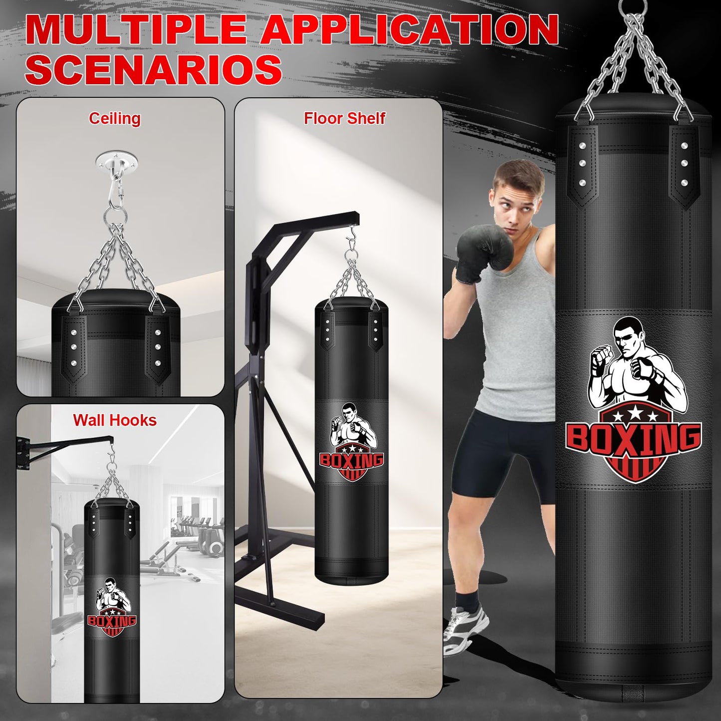 Punching Bag for Adults, 4FT Oxford Heavy Boxing Bag with Chains and Hand Wraps, Boxing Equipment for MMA Karate Kickboxing, Unfilled