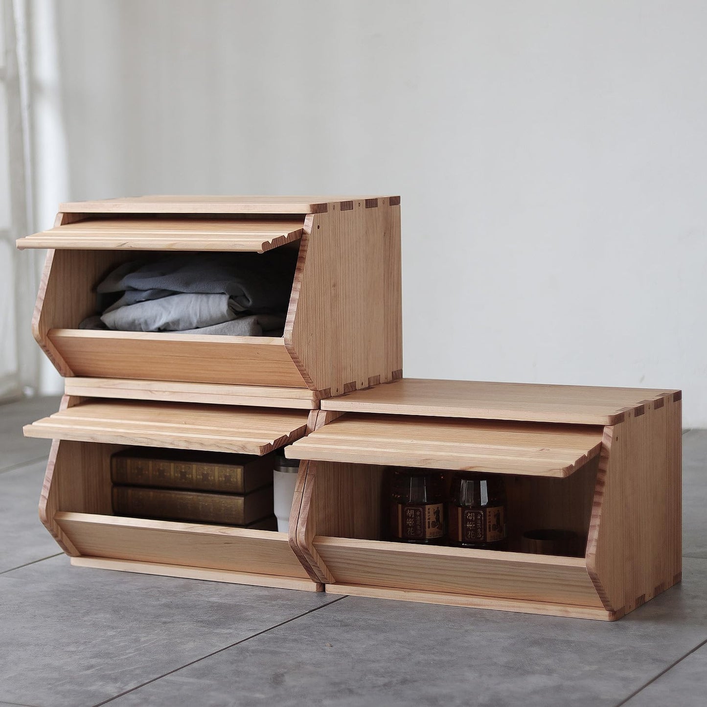 unununu Stackable Solid Wood Storage Chests,Hall Entryway Cabinet,Modular Wooden Multi-use Box,Bins with Lids,Closet Storage Organizers,Drawers,Potato,Onion,Bread,Classify by Items,19.5”W(3 Pack)