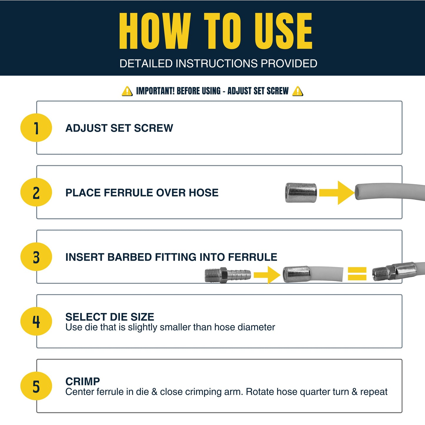 Pure Ponta Heavy Duty Ferrule Crimping Tool Air Hose Repair Kit for 3/8, 5/16, 1/4 inch ID Hoses, Crimper w/ 5 Hardened Steel Dies & 15 Ferrules Fittings, Torch & Compressor Crimpers