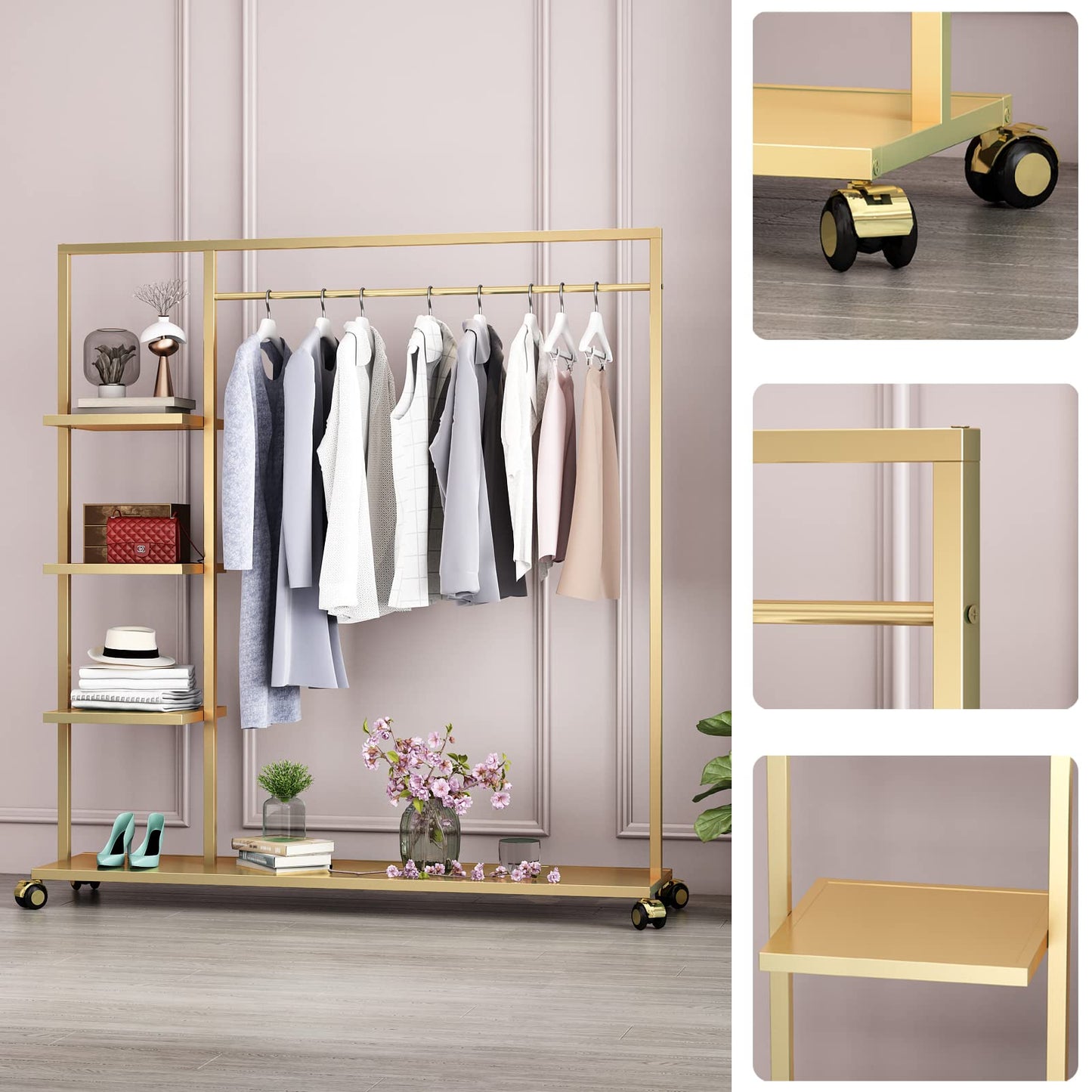 Smlttel Gold Clothing Racks with Shelf, Boutiques Retail Display Gold Clothes Rack, Multiple Uses Heavy Duty Garment Rack for Hanging Rods for Home and Retail