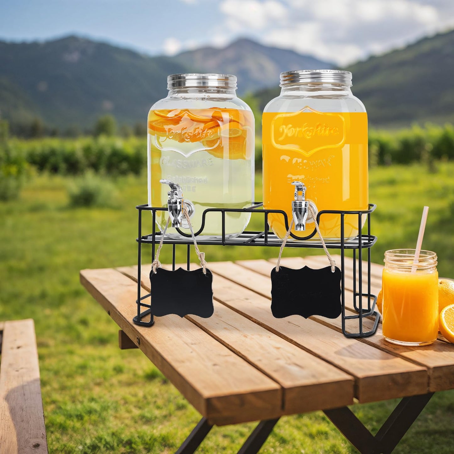 2-Pack 1 Gallon Glass Drink Dispensers for Parties - Leak-Proof Beverage Dispenser with Stand, Spigot, Ice Cylinder & Chalkboard Labels - Perfect for Lemonade, Iced Tea, and Party Drinks