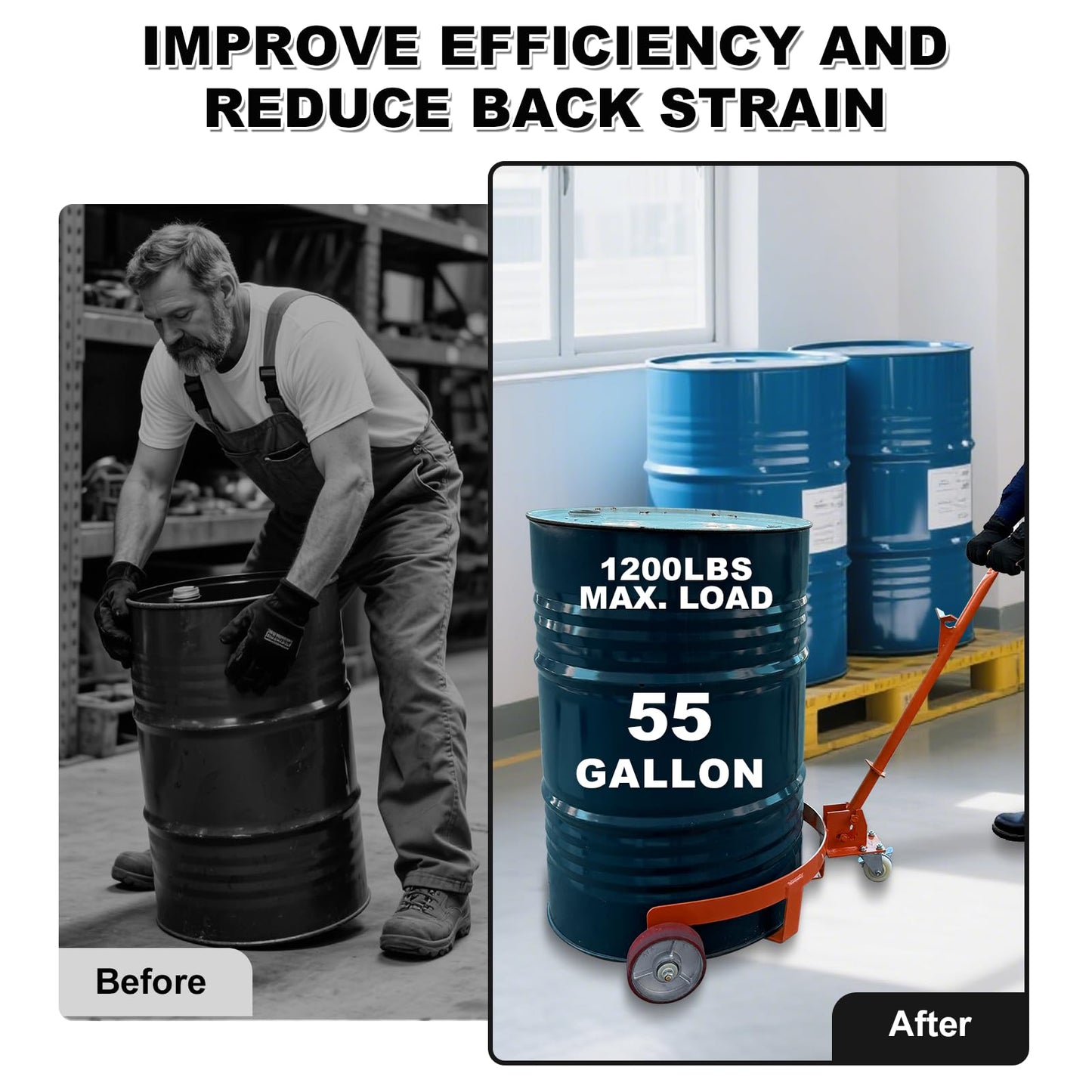 55 Gallon Drum Dolly Heavy Duty, 1200 lbs Capacity Barrel Cart with Adjustable Handle & Locking Caster, Low Profile Steel Drum Truck for Industrial, Warehouse, Workshop Use-Orange