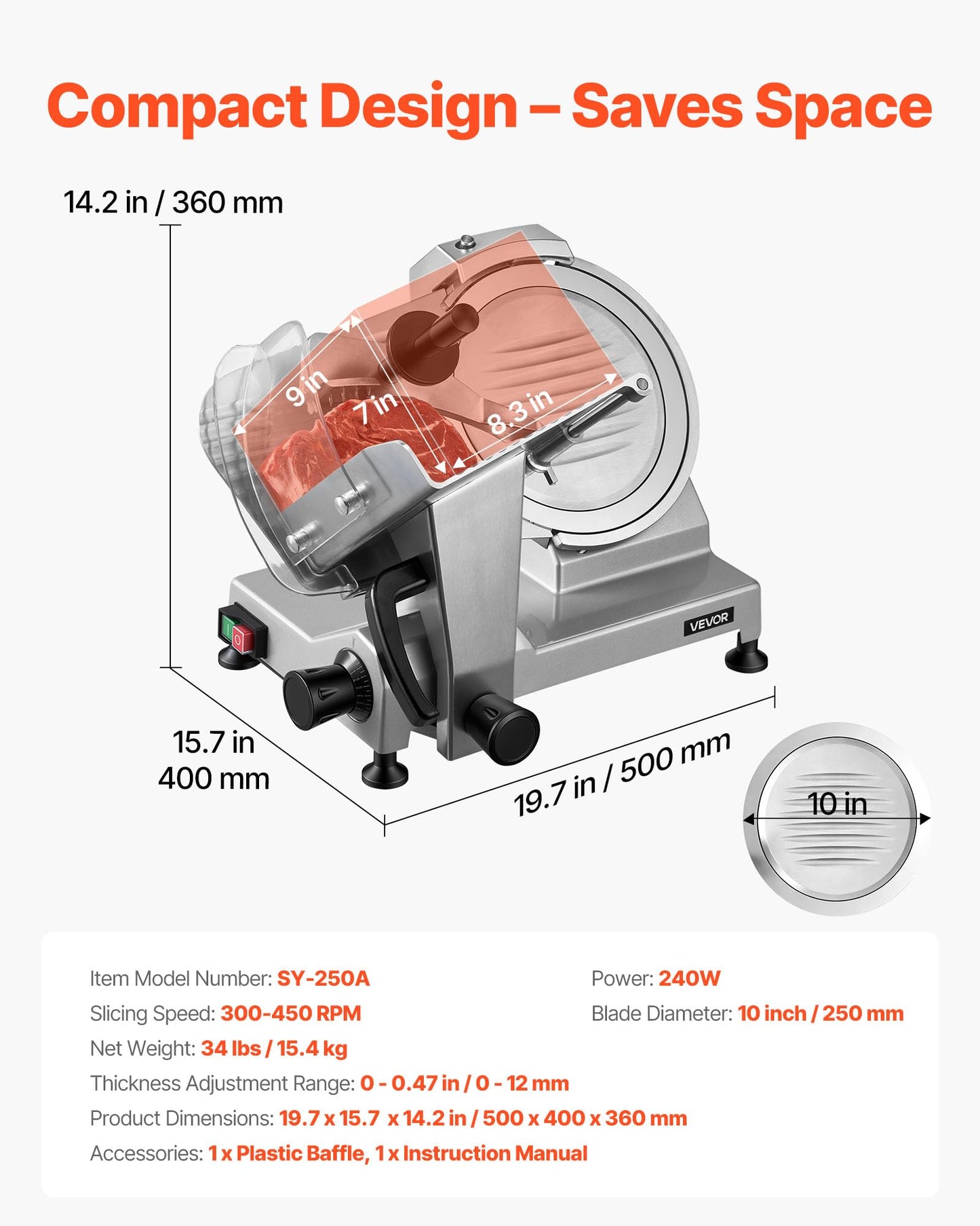 VEVOR Commercial Meat Slicer, 10 inch Electric Food Slicer, 240W Frozen Meat Deli Slicer, Premium Chromium-plated Steel Blade Semi-Auto Meat Slicer For Commercial and Home use