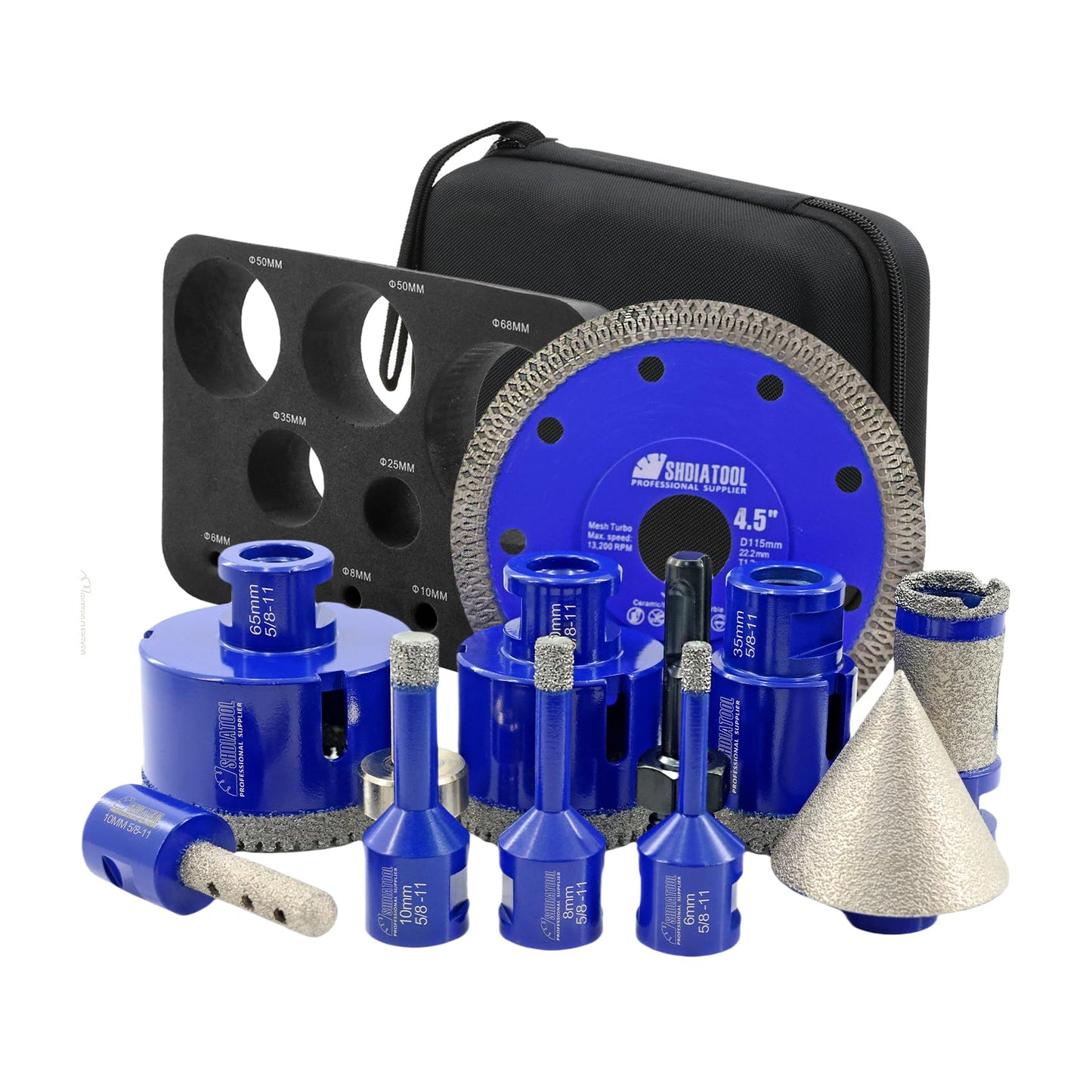 SHDIATOOL Diamond Drill Bits Kit - Core Bits Hole Saw Sets,Mould Guide for Drilling Porcelain Tile Marble Ceramic Granite with Hollow EVA Guide Jig 12pcs(6/8/10/35/50/65/10/25MM/2in/HEX+SDS+4.5in)
