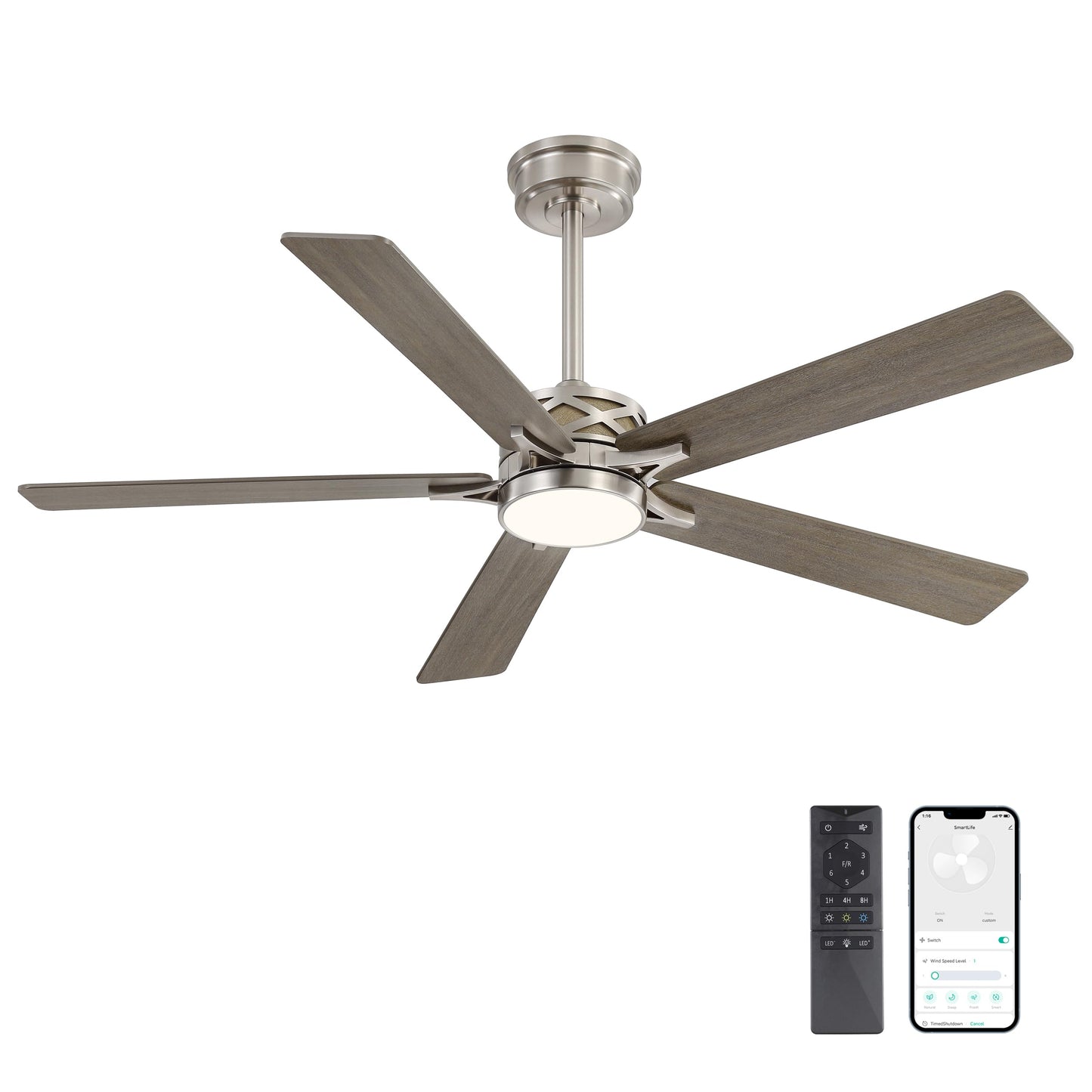 WINGBO 52" Smart Ceiling Fan with Lights, 5 Plywood Blades, 6 Speeds Reversible DC Motor, Works with Alexa and Google Assistant, 3CCT Dimmable LED Ceiling Fan for Bedroom Living Room, Nickel and Grey