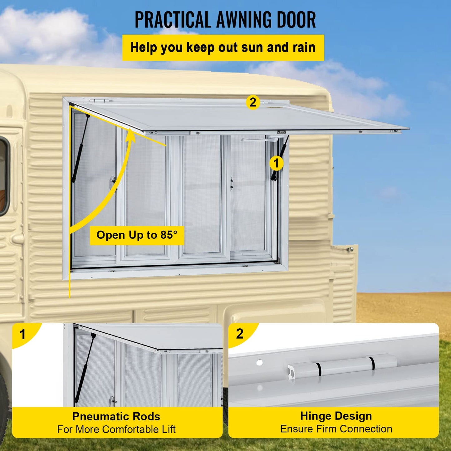 VEVOR Concession Window for Food Trucks Concession Trailers, 53 x 33 inch, Aluminum Alloy, with 4 Horizontal Sliding Screen Windows & Awning Door & Drag Hook
