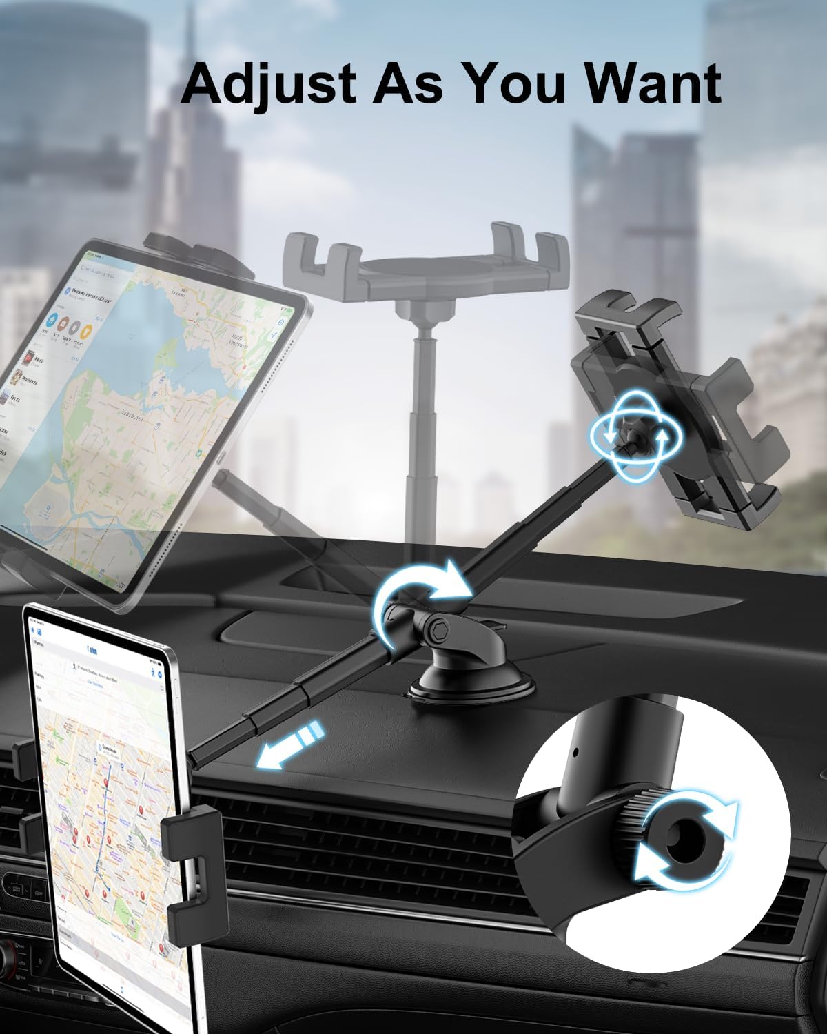 woleyi 4.7-11" Dashboard Car Tablet Mount, Telescopic Tube Suction Cup Car Tablet Holder, Compatible with iPad