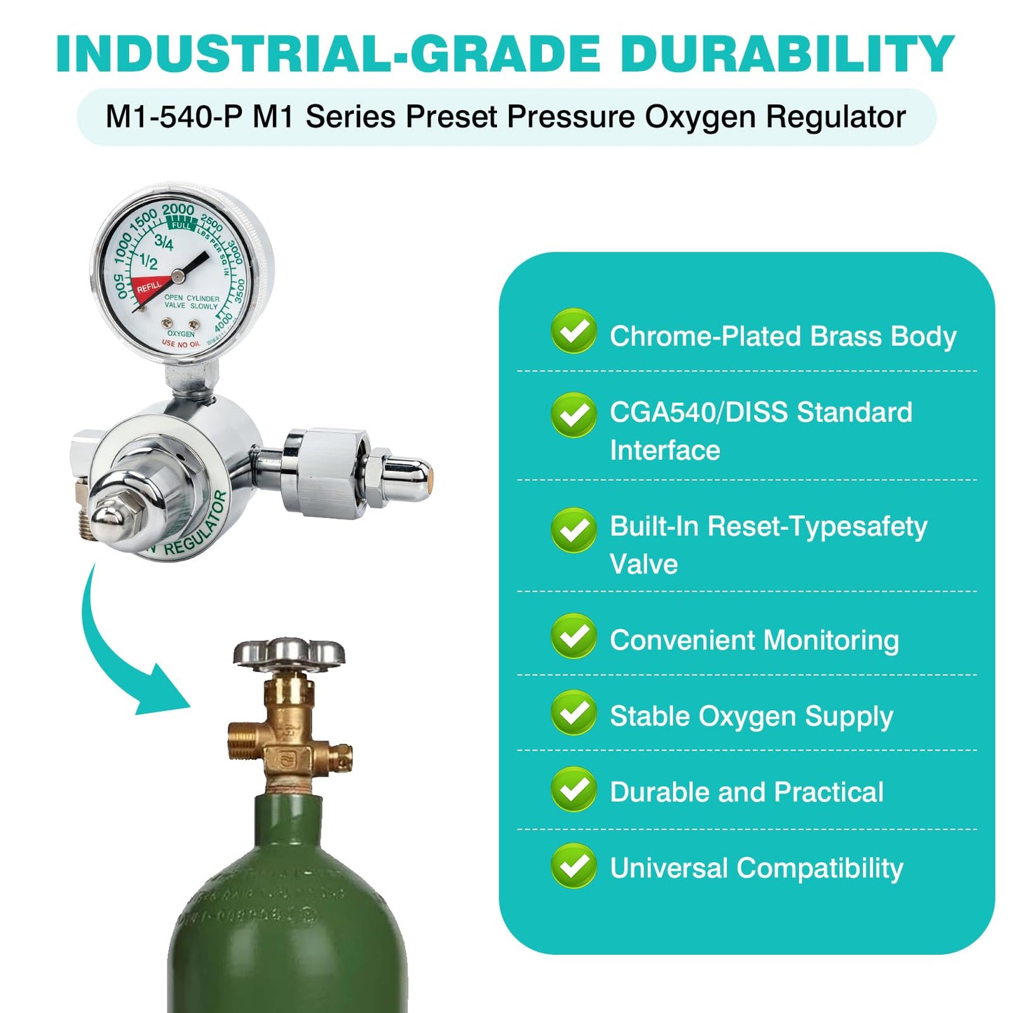 M1-540-P Oxygen Regulator, M1 Series Preset Pressure O2 Regulator for Oxygen Concentrator & Tank, CGA540 Nut/Nipple Inlet, 3000 PSI, Chrome Brass Body