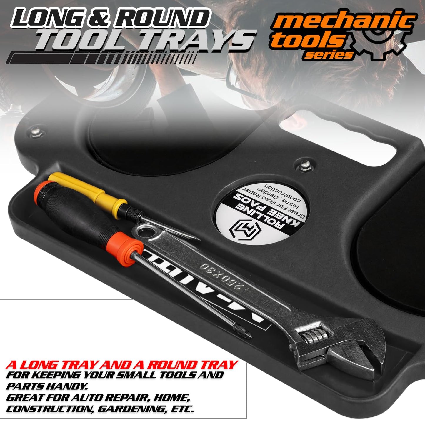 M-AUTO Rolling Knee Creeper Durable Knee Pads with Full 360 Degree Turn Casters and Tool Tray, Garage Kneeling Pads on Swivel Castors for Home Workshop Auto Repairing Maintaining, Black