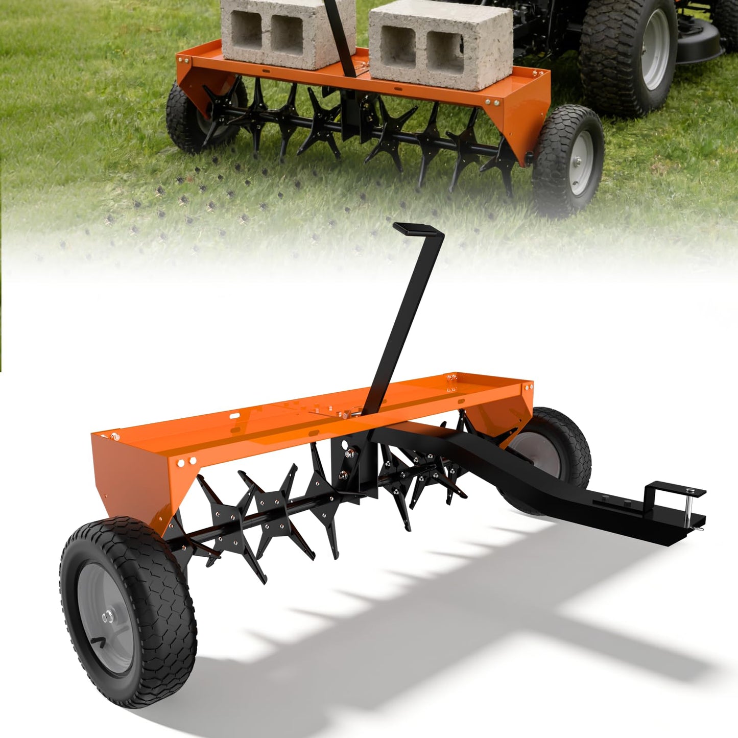 48" Tow Behind Aerator, Pull Behind Lawn Aerator Tool with Universal Hich, 32 Rust-Proof Knives & Heavy-Duty Tires, Plug Aerator for Yard & Garden Compacted Soil, Fits Lawn Tractors, ATV, UTV, Orange