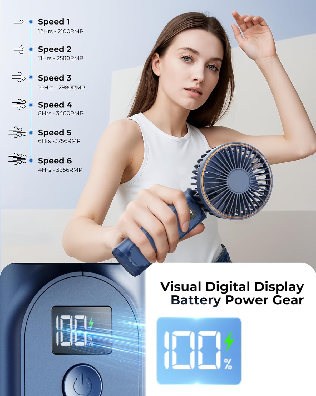 TUNISE Portable Handheld Fan - Rechargeable 4000mAh Battery, 180° Adjustable, 6 Speeds, Quiet Design