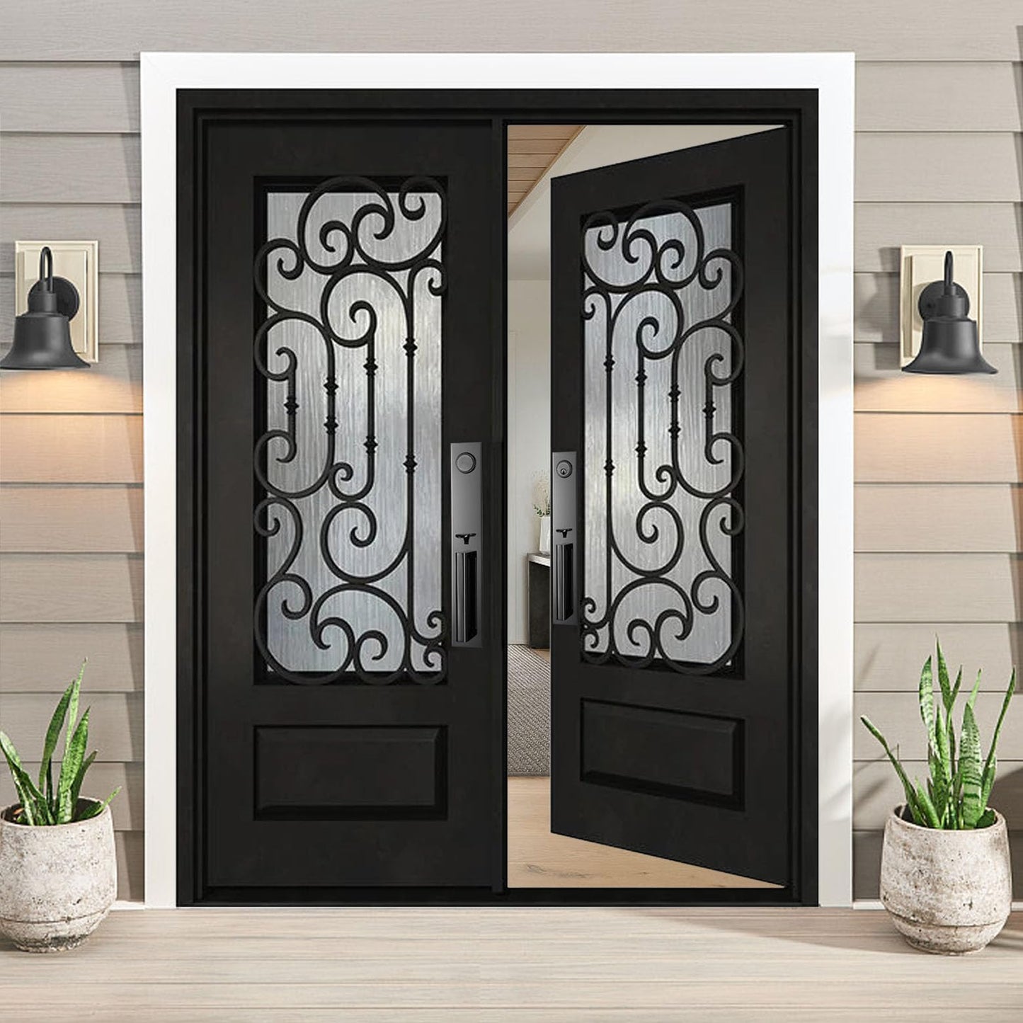 BGW Doors Matte Black Iron Double Front Entry Door with Tempered Privacy Glass, Prehung Pre-Finished Exterior Door, Right Inswing, 30x30x80