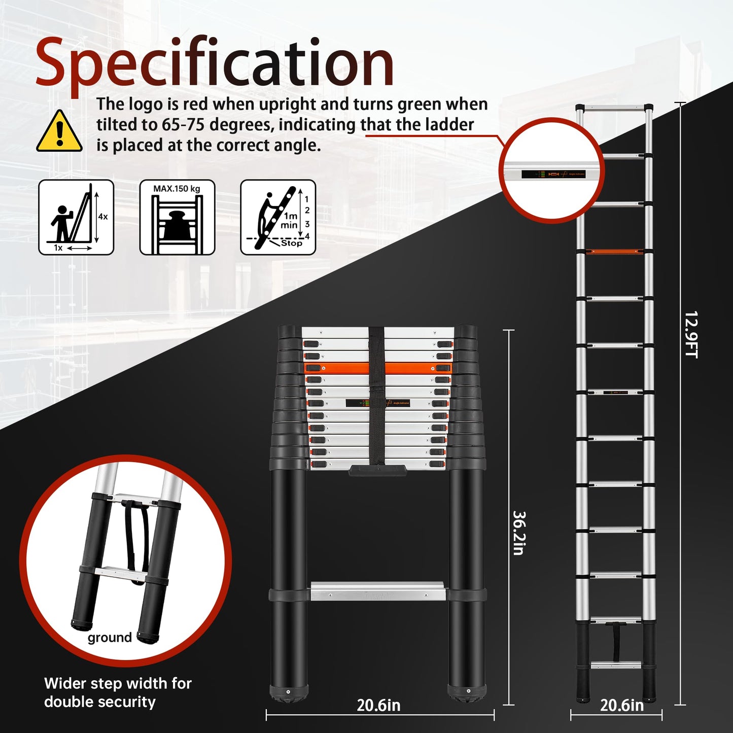 ICARRY Telescopic Ladder 12.9 FT Extension Ladder Aluminum Lightweight Telescopic Ladders, Multi-Purpose Collapsible Extension, Soft Close Design, 300lb Capacity,Ideal for Home, RV, and Outdoor Work
