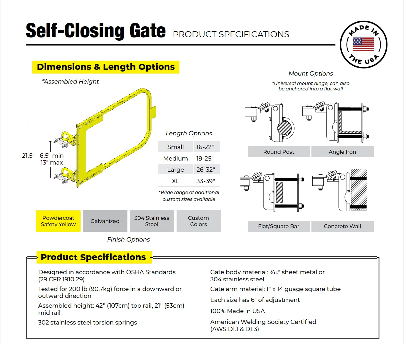 Safety Rail Co. Adjustable Self-Closing Safety Gate for Fall Protection — Powdercoat Yellow, 16-22 inches — OSHA Compliant — Made in USA