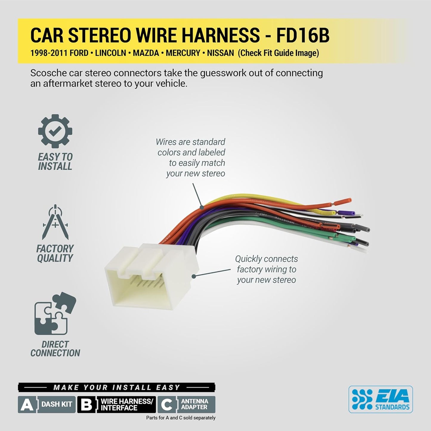 FD16B 1998-2011 Scosche Stereo Wiring Harness Compatible with Select Non-Amplified Ford, Lincoln, Mazda, Mercury