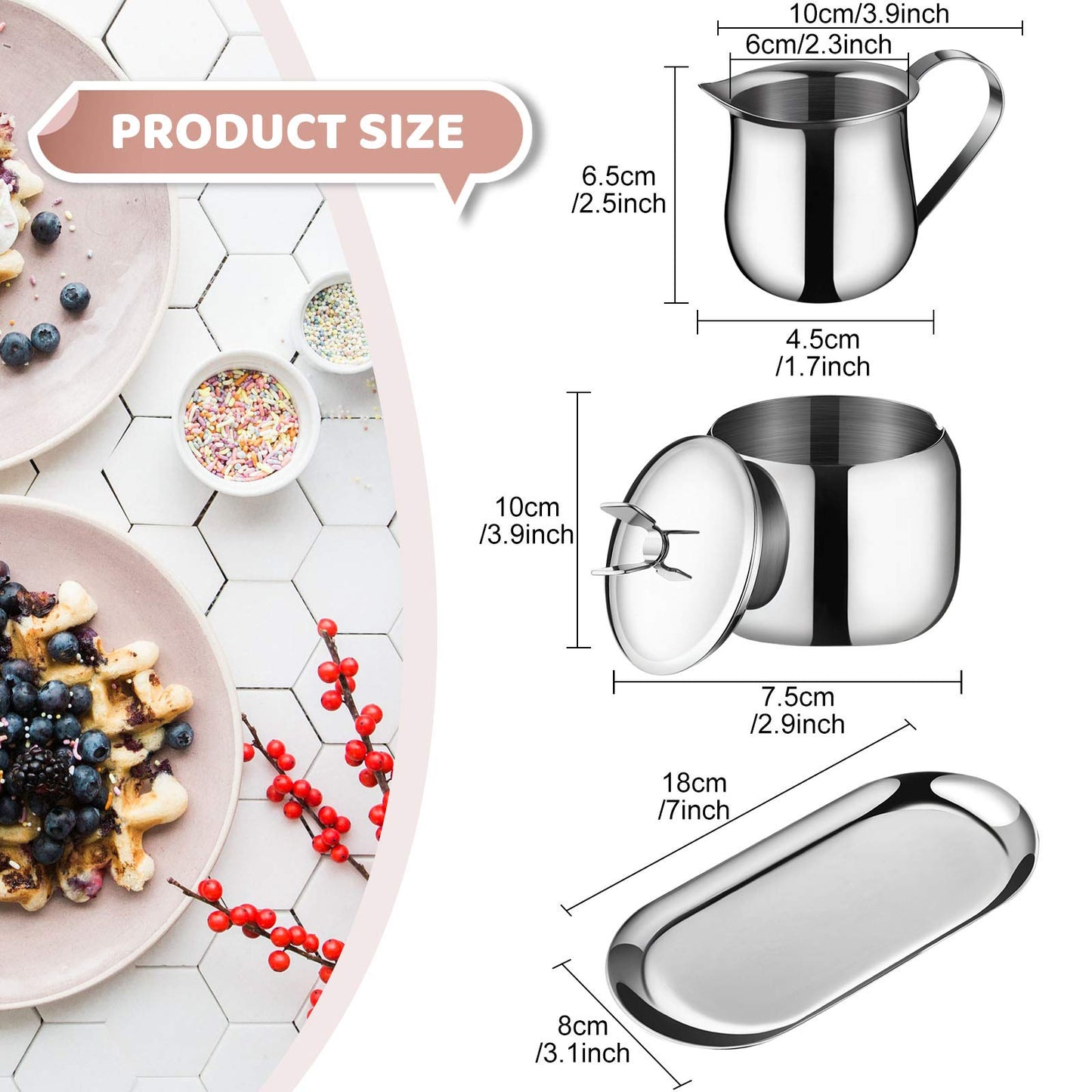 Creamer and Sugar Bowl Set Stainless Steel Latte Milk Cup Cream Jug and Sugar Bowl with Lid Spoon Tray for Coffee Serving Set Frothing Milk
