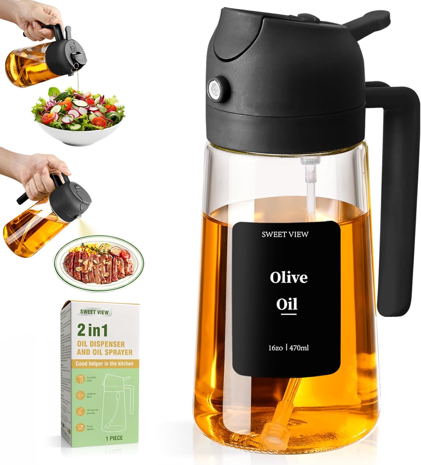 Sweet View Olive Oil Sprayer - 16oz Glass Dispenser for Cooking & BBQ | Kitchen Gadget (Black)