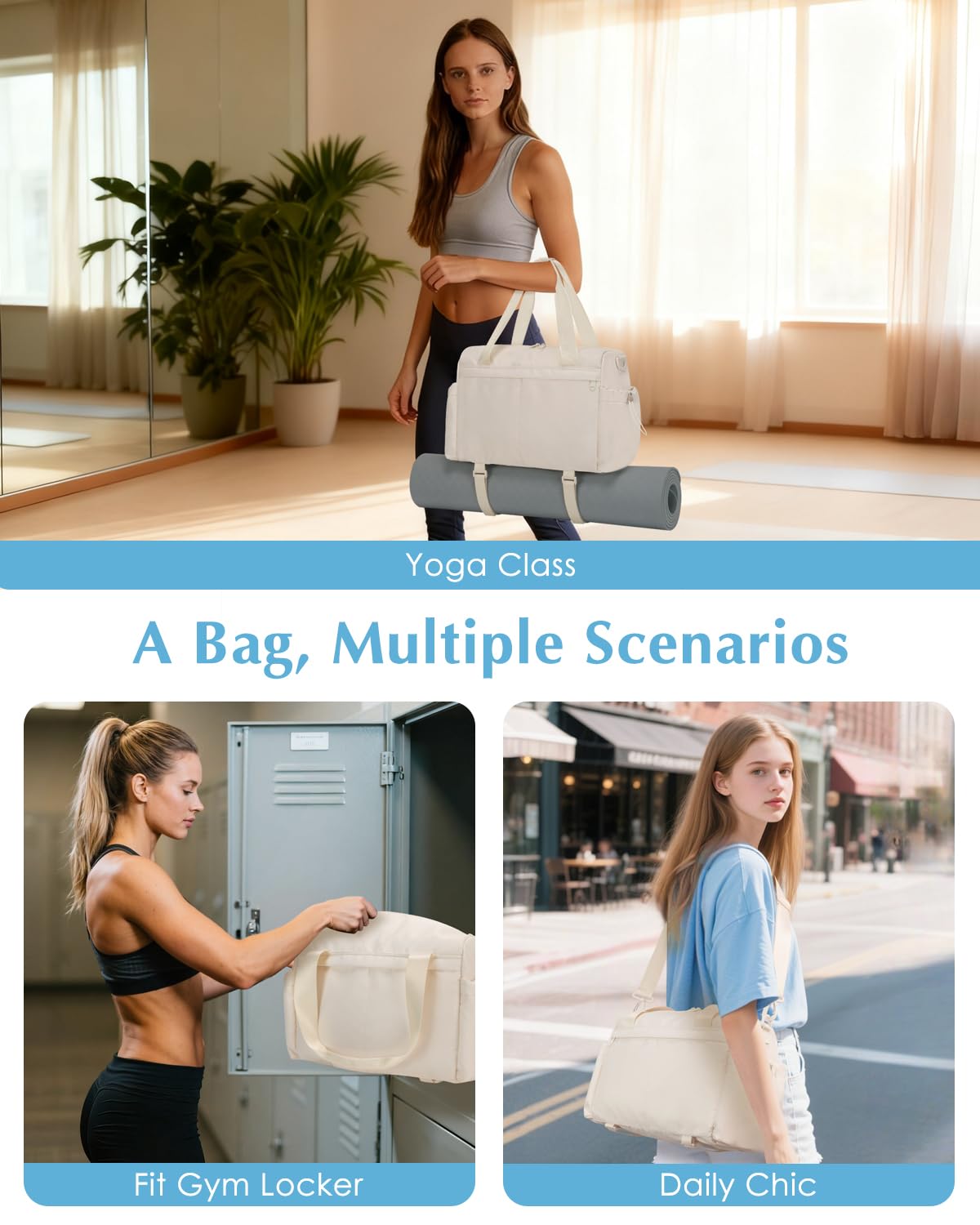 Small Gym Bag, Mini Gym Bag for Women with Yoga Mat Holder and Wet Compartment, Cute Small Yoga Mat Bag with Water Bottle Pocket for Workout Dance, Beige