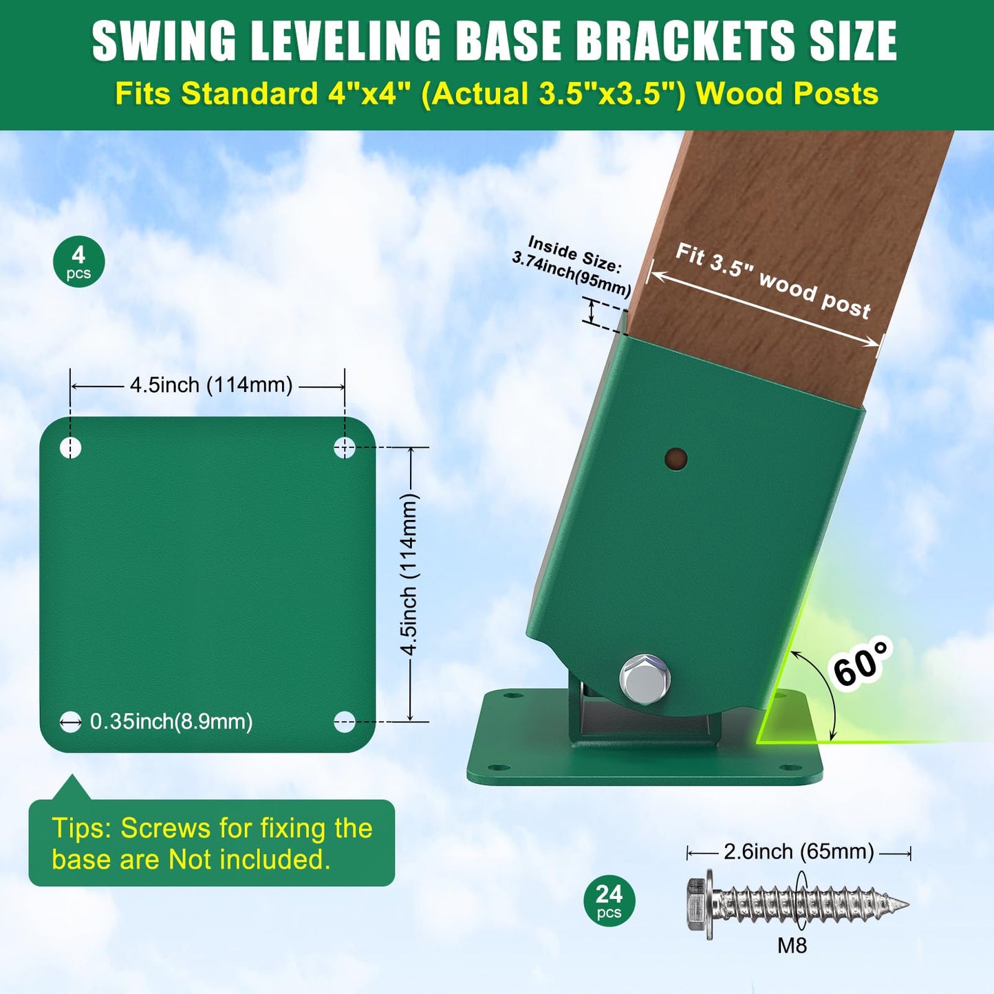 BeneLabel A-Frame Swing Set Brackets with 4pcs Swing Leveling Base Brackets Heavy Duty Swingset Hardware Kit DIY Swingset End Bracket for 4 (4x4) Legs & 1 (4x6) Beam Green