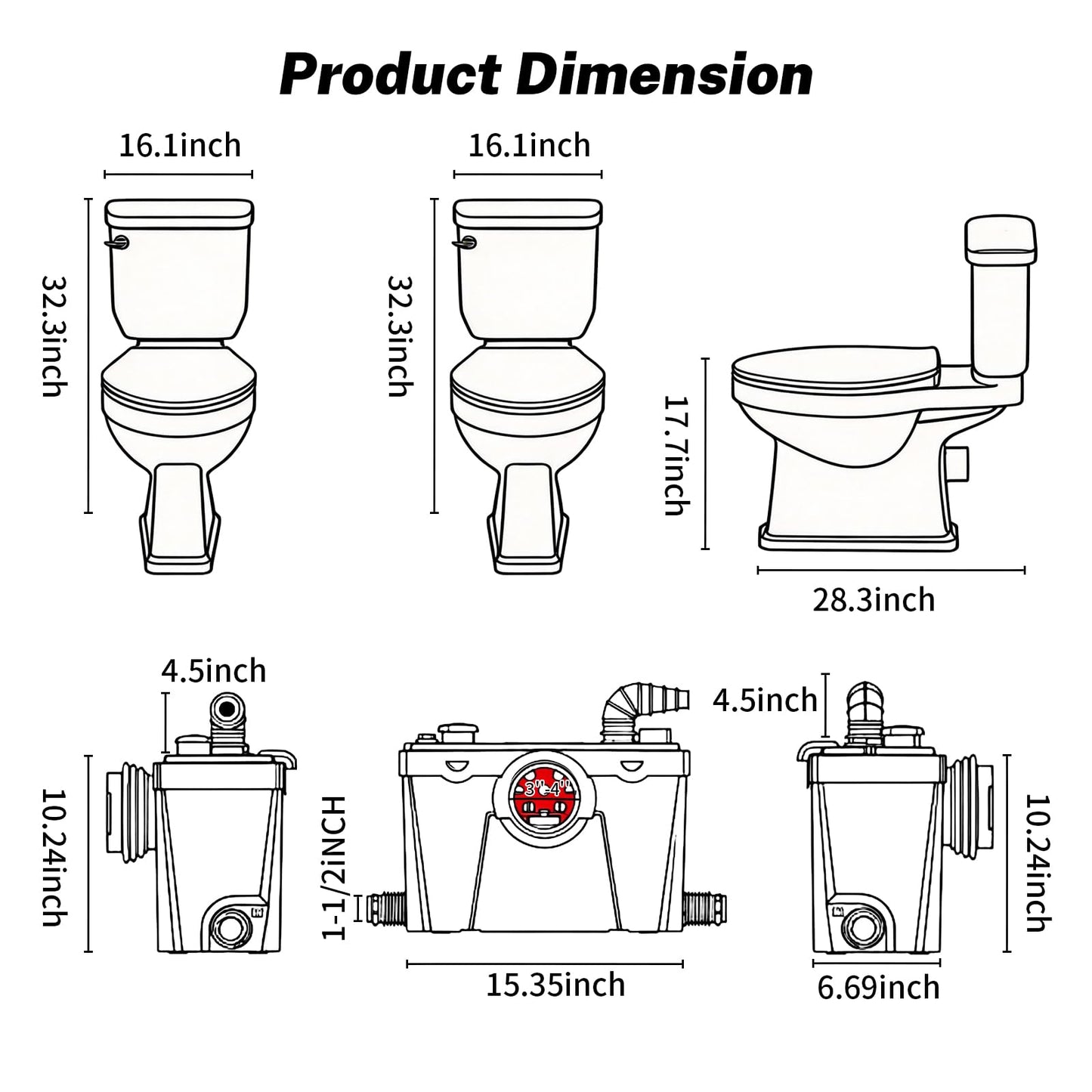 Macerating Toilet with Pump, Two-Piece Upflush Toilet For Basement, Powerful & Quiet Macerating Pump System With 4 Water Inlet, 23Ft Vertically, Elongated Bowl