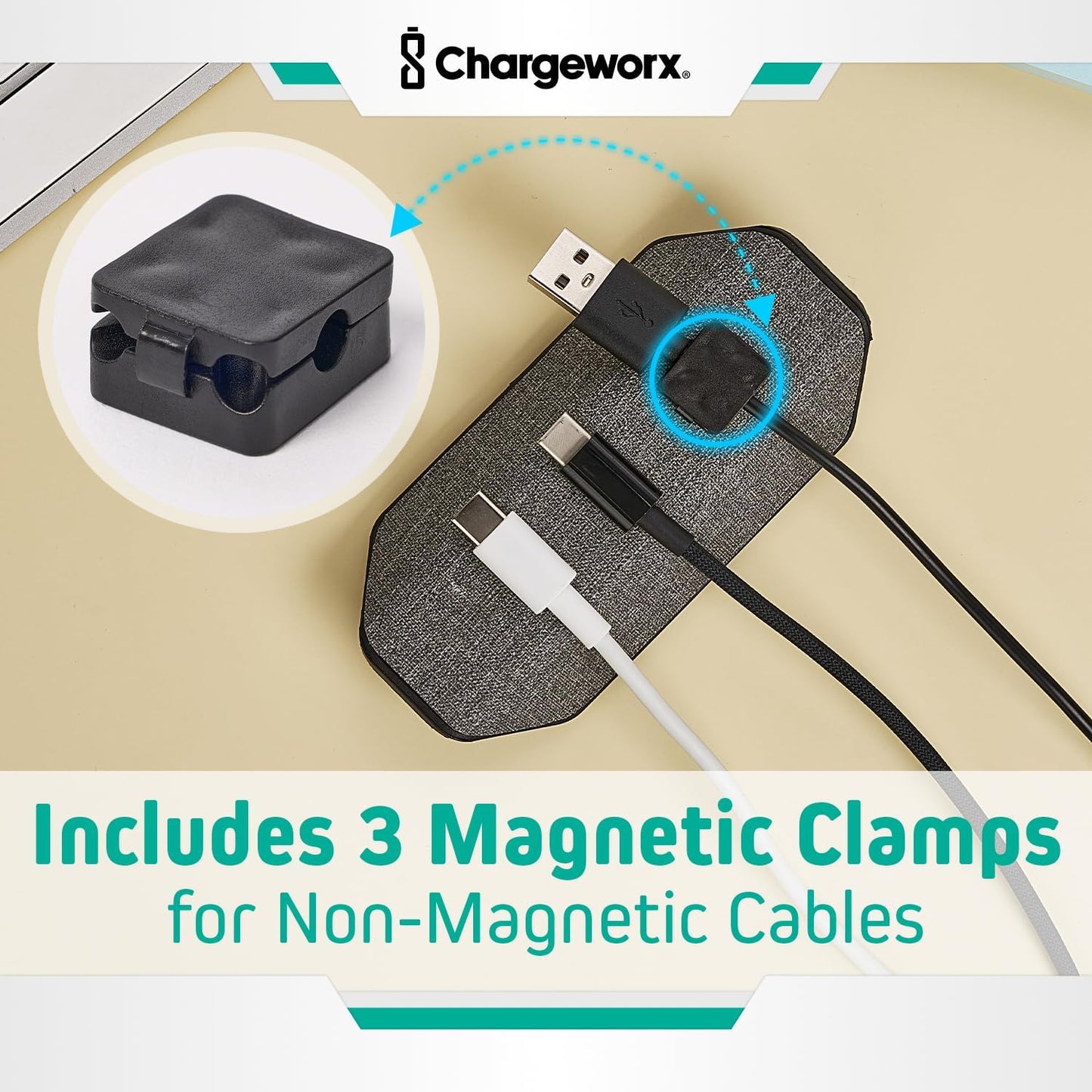 CHARGEWORX 3 Magnetic Cable Organizer Weighted Non-Adhesive Cord Holder with Magnetic Clips for USB-C, Lightning