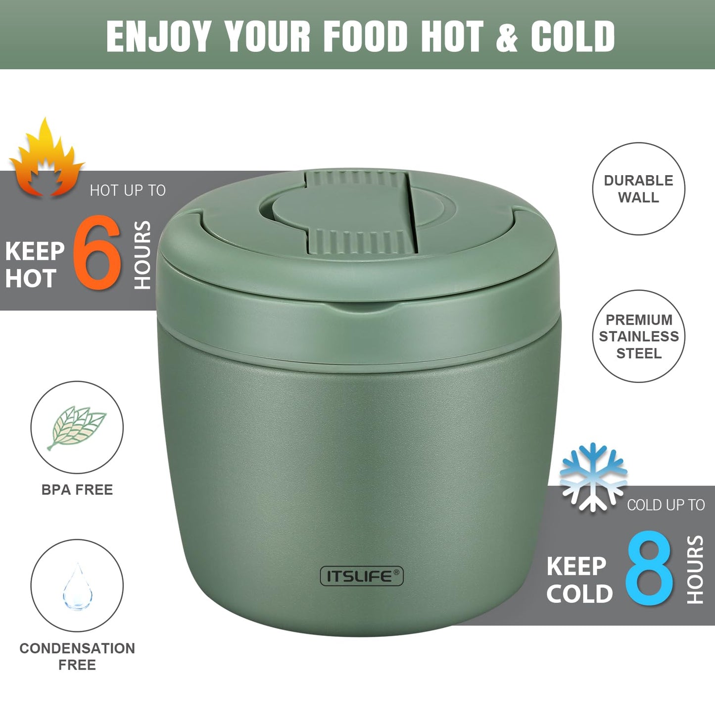 Itslife 32oz Insulated Soup Thermo, Vacuum Stainless Steel Food Jar for Hot & Cold Food, Leakproof Wide Mouth Lunch Container with Spoon, Green