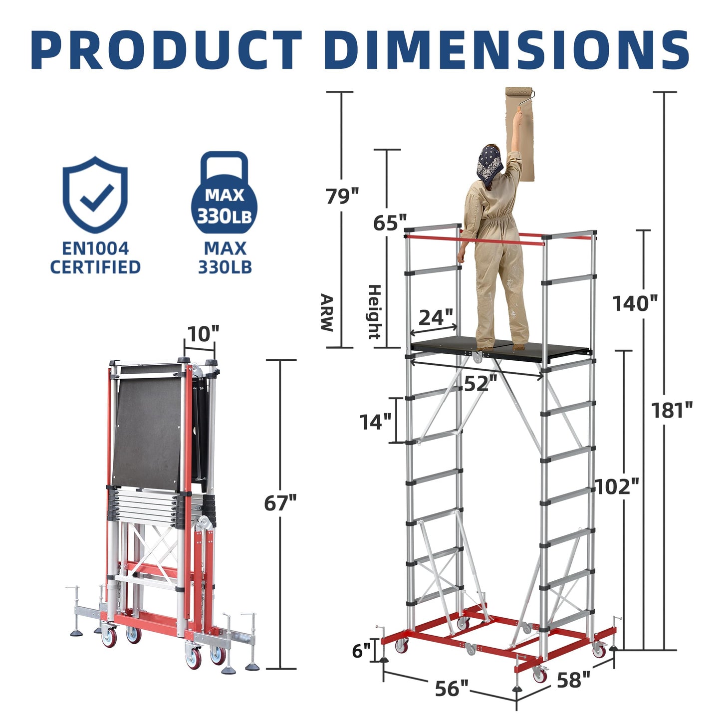 APARECIUM 12’ Aluminum Scaffolding, Foldable Scaffolding Ladder, Multipurpose Rolling Scaffolding Work Platform, Scaffold Tower, Ladder Stool Work Bench, Adjustable Work Platform, 330 Lbs Duty Rate
